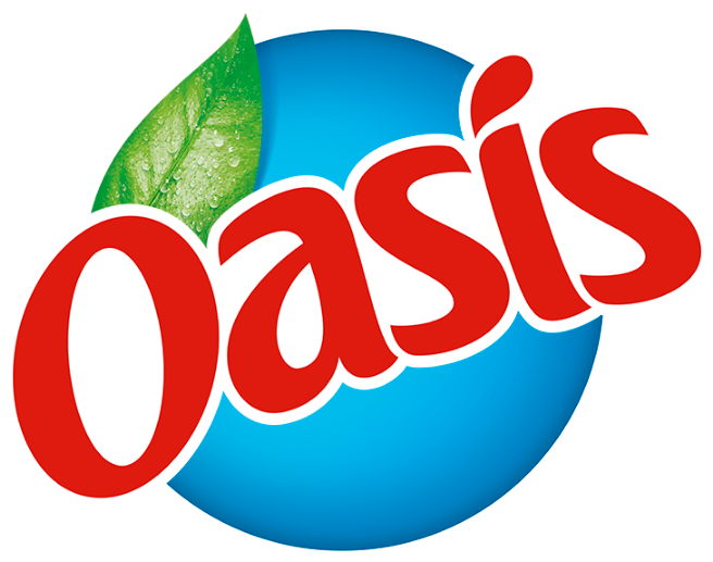 Oasis品牌標誌 壁紙 — 粗體紅色「Oasis」文字，配以綠色葉片和藍色圓形背景。