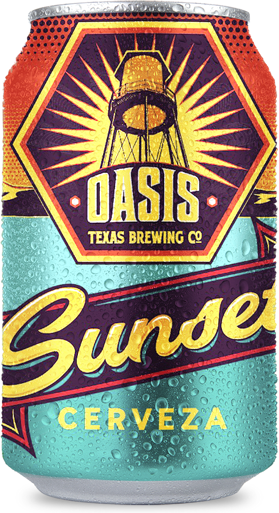 Oasis Texas Brewing Co 太陽食者啤酒罐 壁紙 — 冰凍啤酒罐，帶有充滿活力的復古設計， featuring 水塔和 'Sunset Cerveza' 文字。