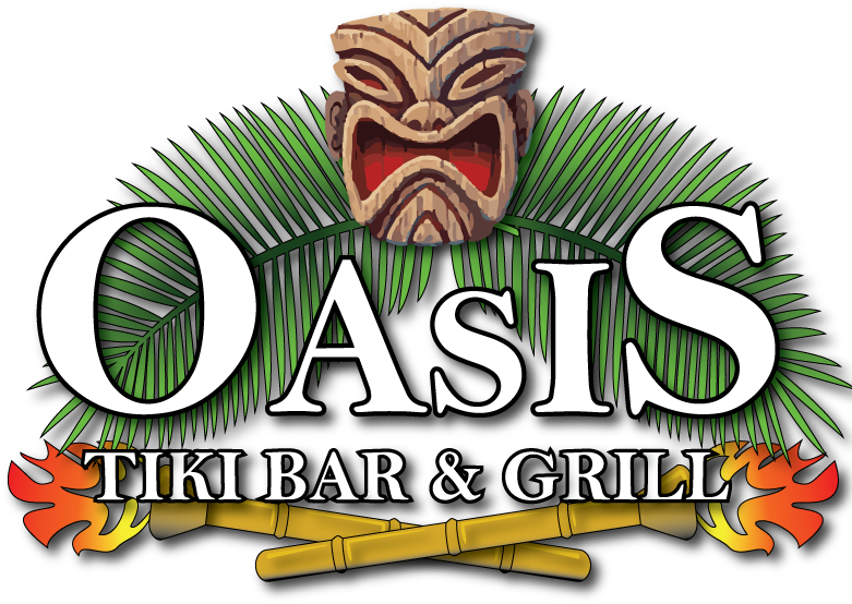Oasis Tiki Bar & Grill 標誌 壁紙 — 一個大膽的提基酒吧標誌，以木製面具、棕櫚葉、交叉的竹火把和熾熱的火焰為特色，背景為黑色。