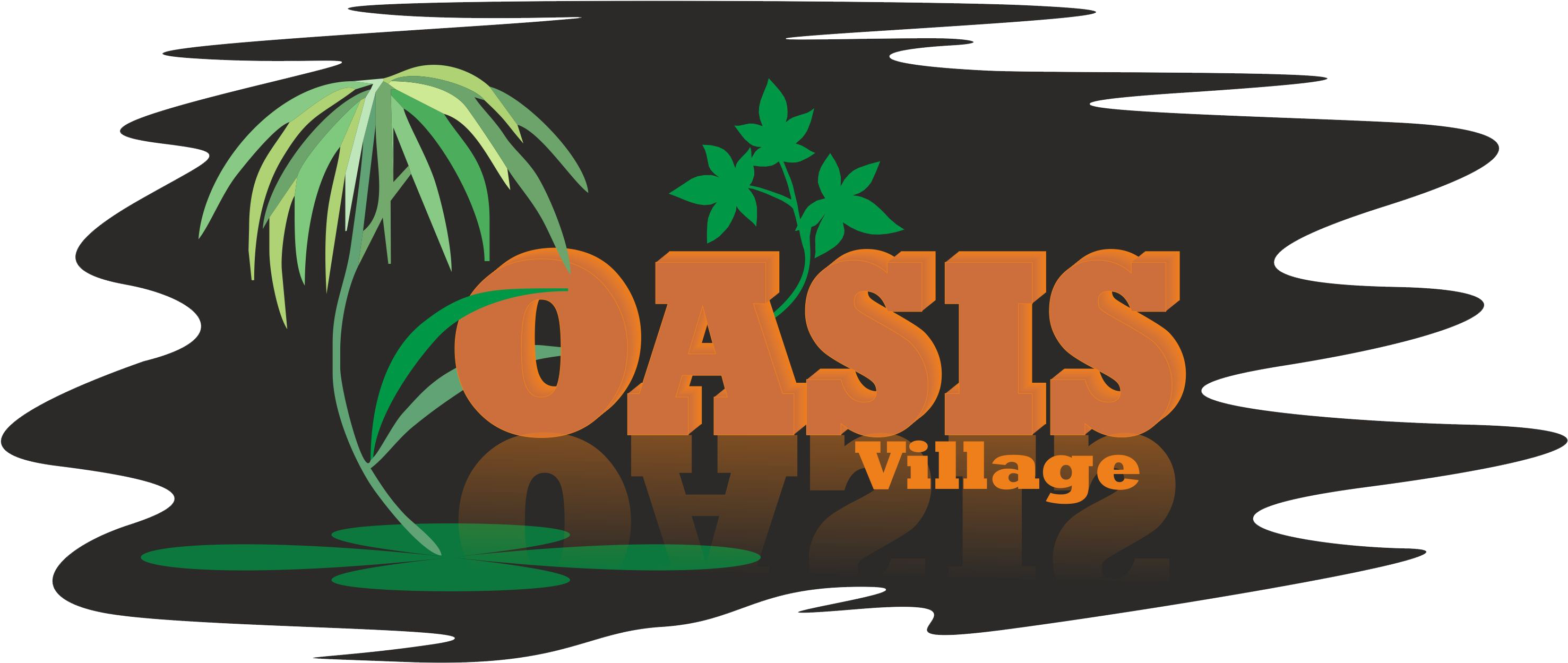 Oasis Village 圖形標誌 壁紙 — 深色水反射背景上帶有綠色棕櫚樹和藤蔓圖案的粗體橙色「OASIS Village」文字。