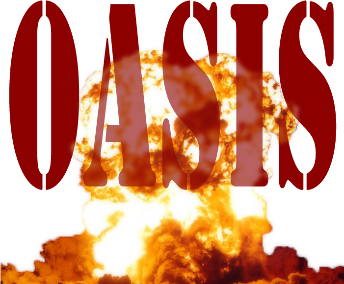 Oasis樂隊名稱爆炸背景 壁紙 — 黑色背景上，橙色和黃色火焰的爆炸圖案上覆蓋著粗體紅色字母拼成的 oasis 一詞。