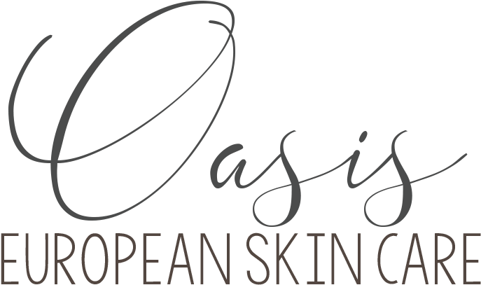 Oasis歐洲護膚品牌標誌 壁紙 — 黑色背景上優雅的灰色手寫字體 Oasis European Skin Care 標誌。