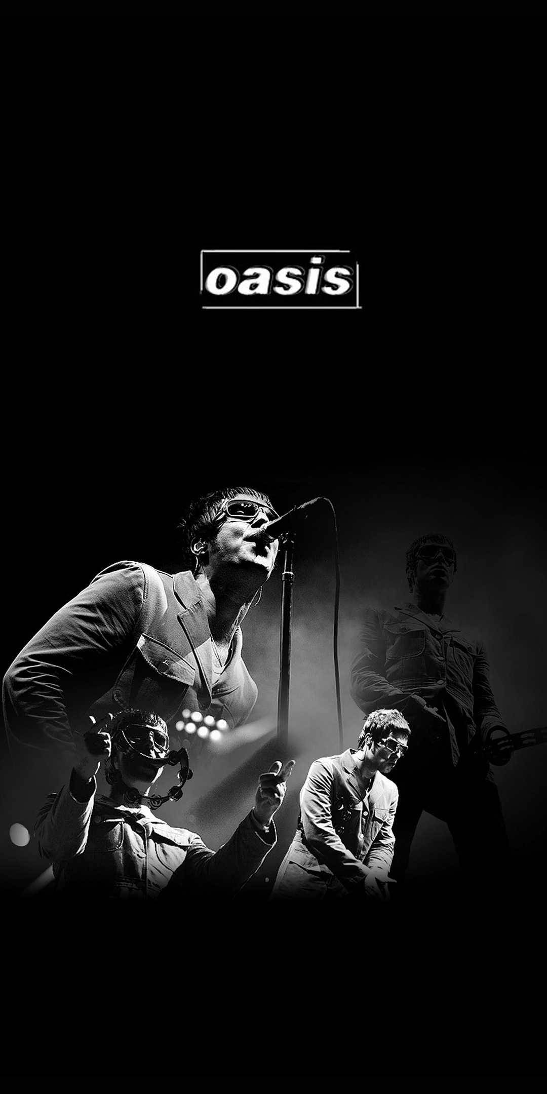 Oasis 合唱 壁紙 — Oasis 樂隊成員在舞台燈光下表演的黑白演唱會照片，帶有戲劇性的陰影。