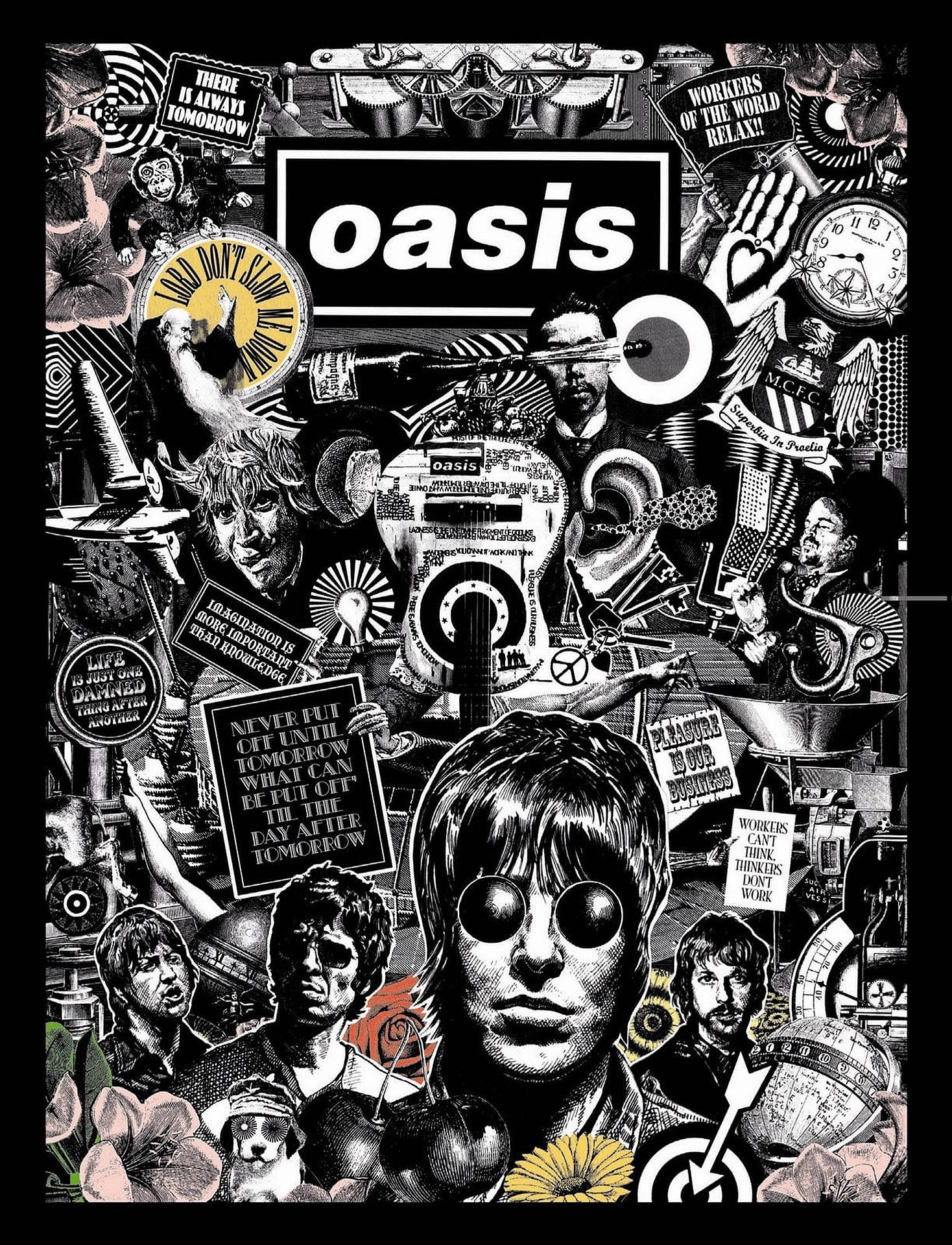 Oasis 藝術風 壁紙 — 一張黑白拼貼畫，以混亂的藝術風格呈現Oasis樂團成員，周圍環繞著時鐘、結他和抗議標語。
