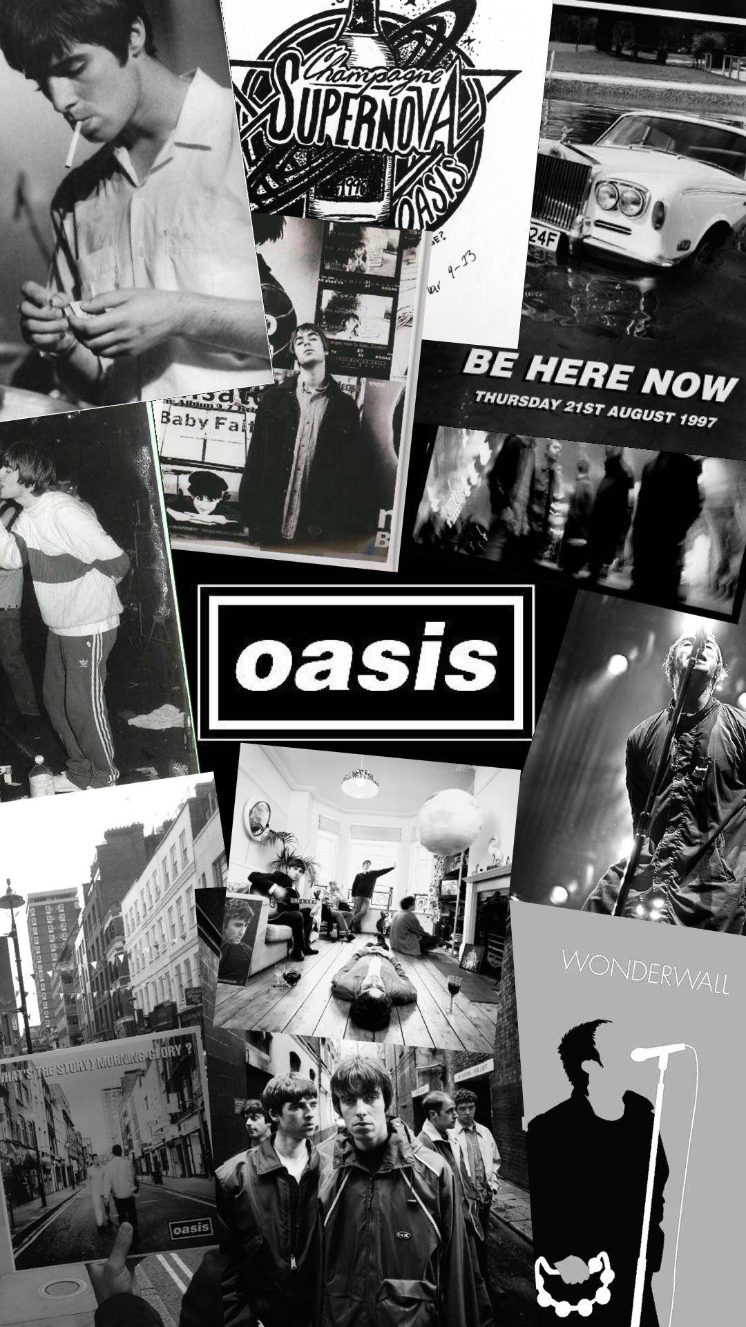 Oasis 黑色美學拼貼 壁紙 — 以動態剪貼簿風格排列的Oasis樂隊照片、演唱會海報和專輯藝術的黑白拼貼畫。