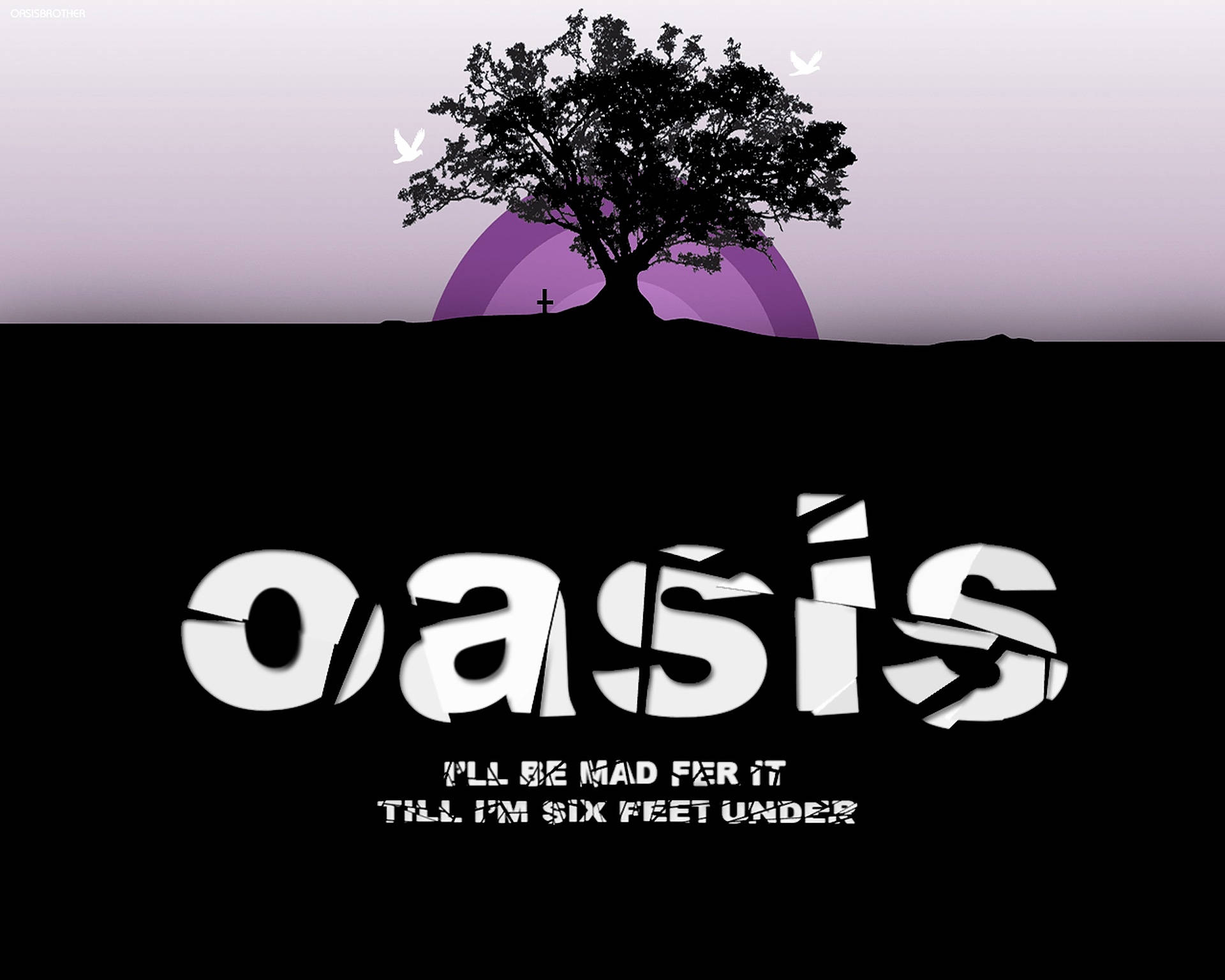 Oasis樹木背景 壁紙 — 一棵孤樹剪影矗立在山丘上，背景是紫色日落和飛鳥，覆蓋著粗體白色文字，寫著 oasis 和歌詞。