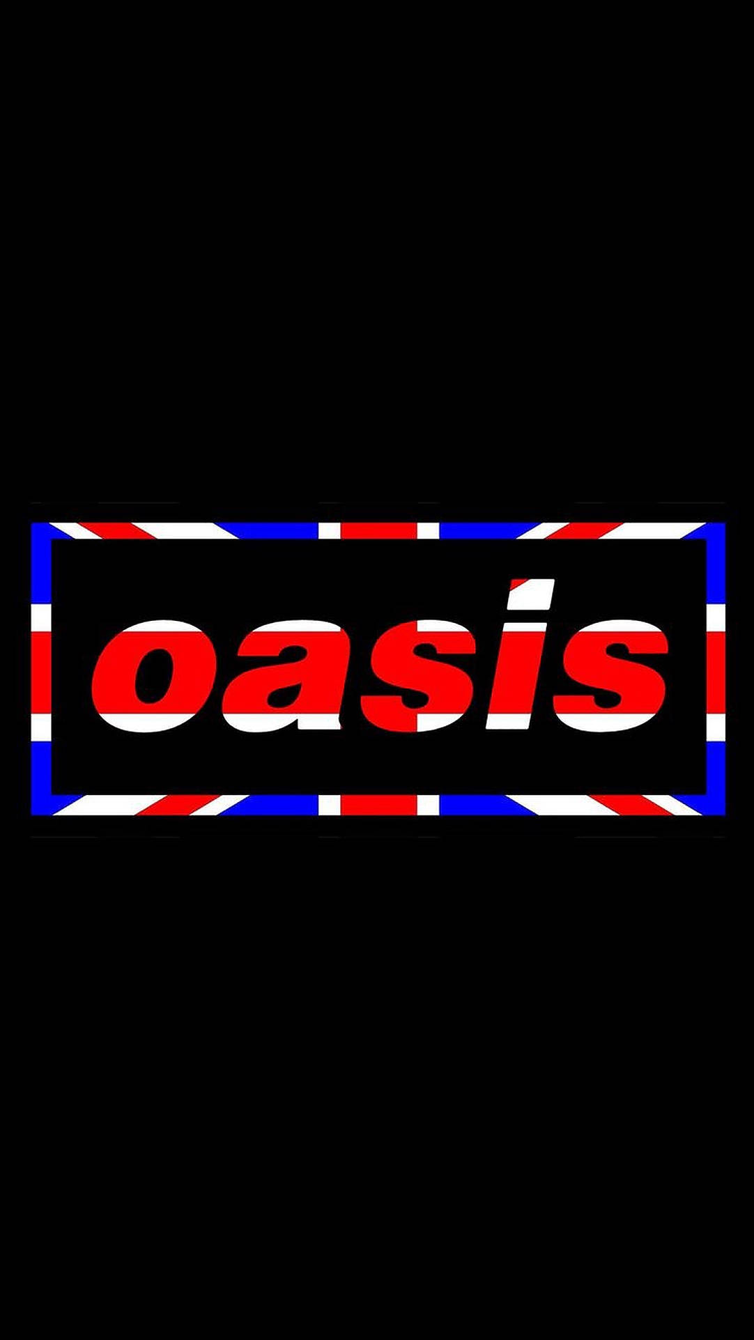Oasis紅藍標誌 壁紙 — 粗體紅色綠洲文字，白色輪廓，居中於英國國旗邊框內，背景為純黑色。
