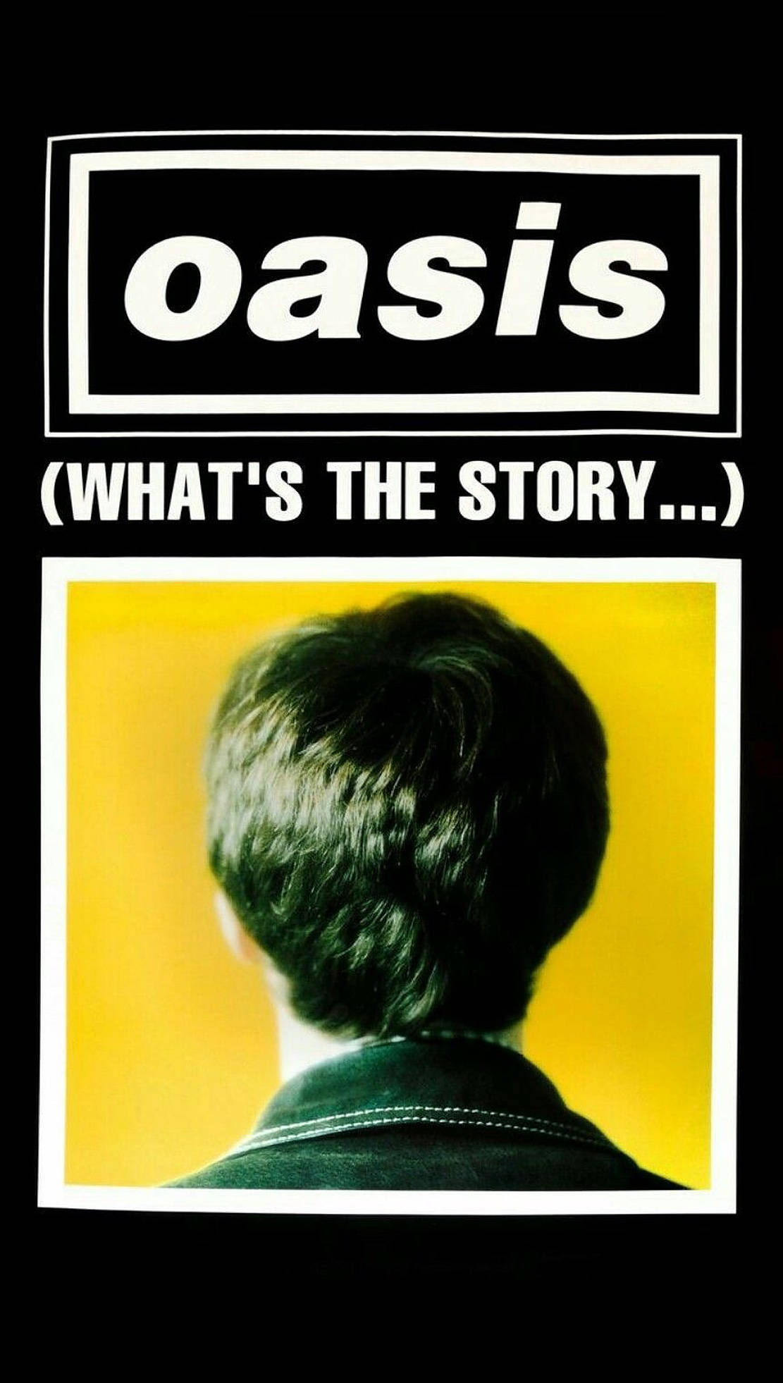 Oasis黑色標誌 壁紙 — 一個深色頭髮的人嘅背面，對住一個亮黃色背景，由黑白文字框住。