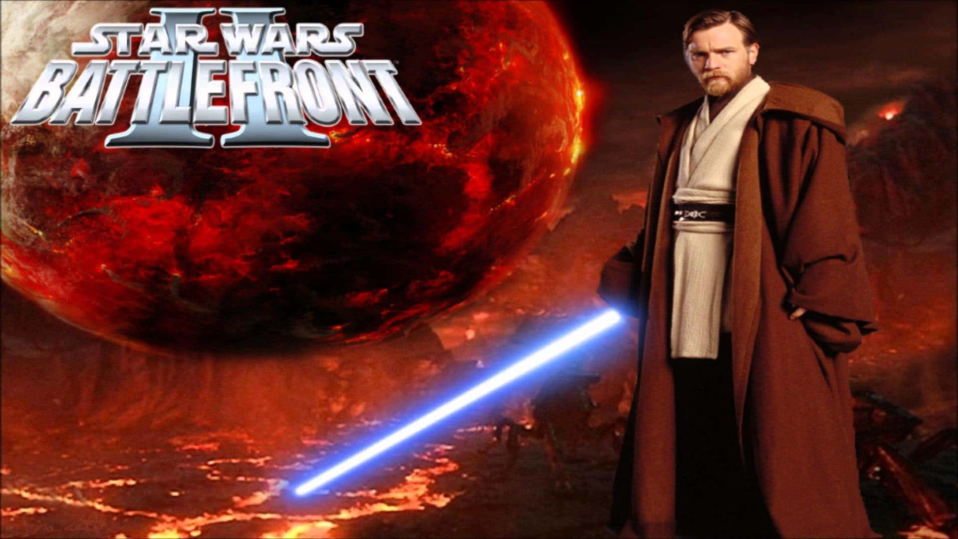 Mustafar 桌布 壁紙 — Obi-Wan Kenobi 在《星球大戰：前線》的宣傳場景中，手持藍色光劍，背景是熾熱的紅色星球。
