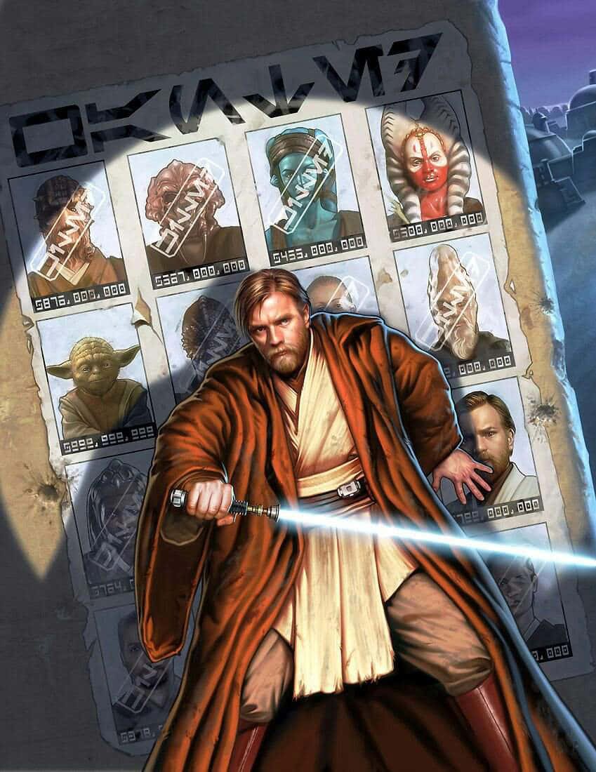 The Great Jedi Purge 桌布 壁紙 — Obi-Wan Kenobi 揮舞著發光的光劍，站在一張顯示賞金獵人和其他星戰角色的通緝海報前。