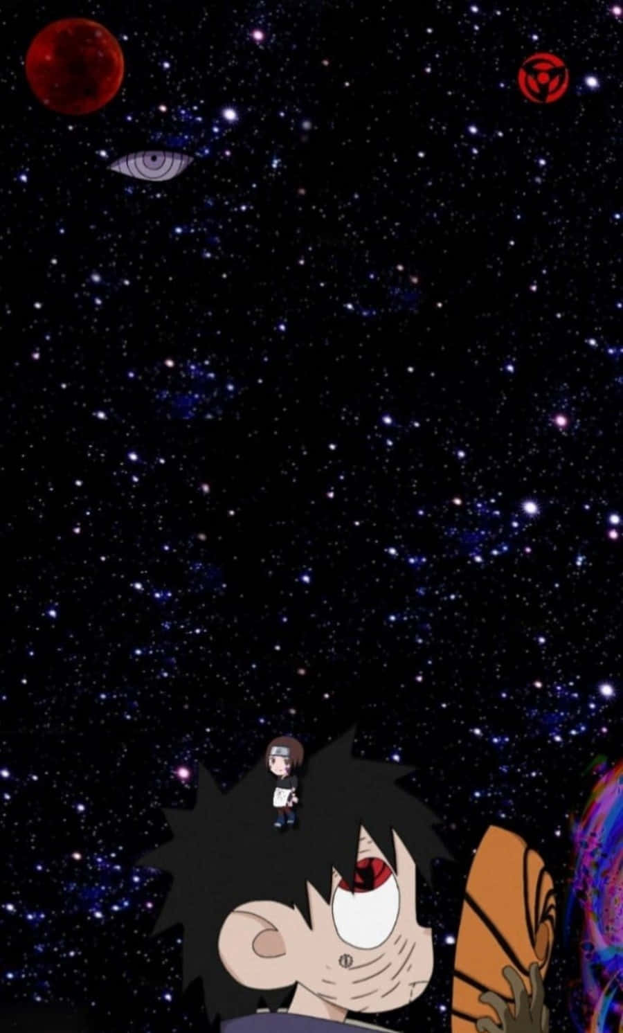 動漫角色仰望帶有紅色月亮和發光符號的星空。