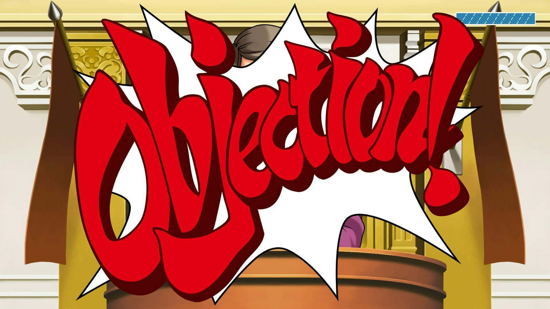  壁紙 — 一個大膽的紅色「Objection!」文字以漫畫風格從法庭講台爆發出來，背後有華麗的金色牆壁和可見的證人席。