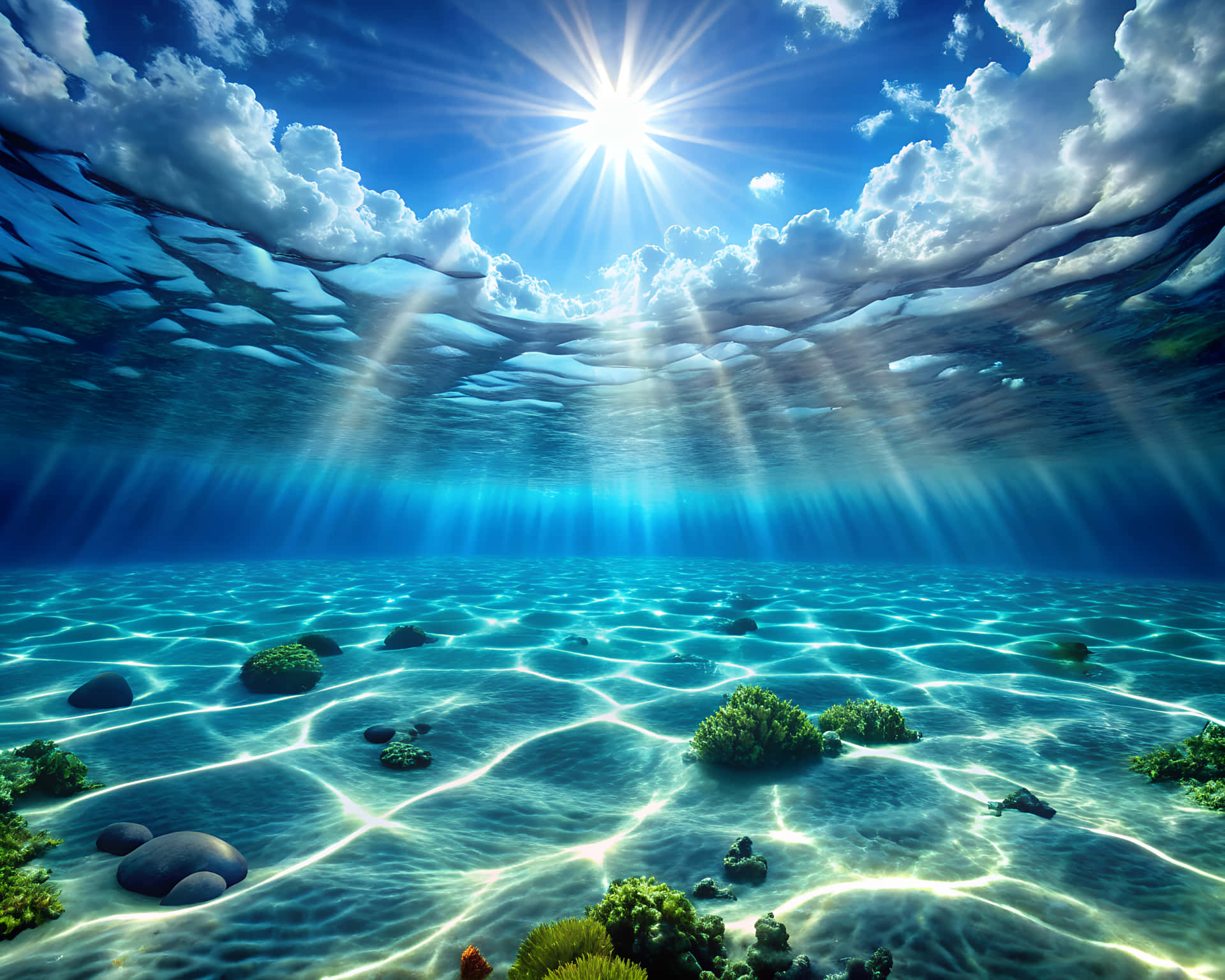 水下場景，陽光穿透清澈的藍色海水，照射在岩石和綠色珊瑚上
