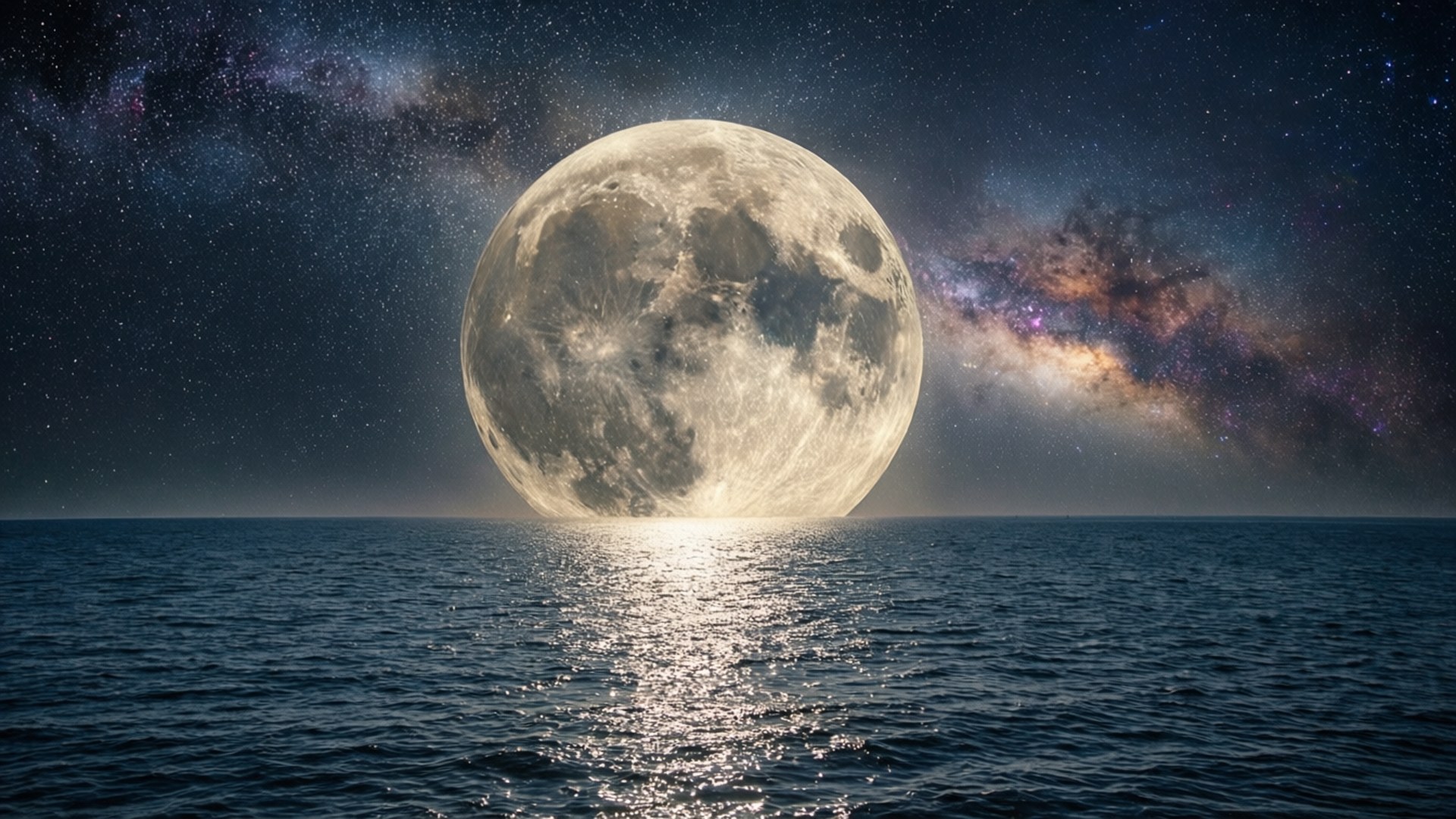 一輪巨大的月亮從海洋上升起，夜空中有星星和銀河