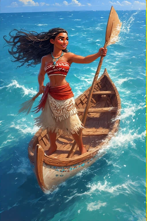 一位女性在陽光明媚的天空下划著木製獨木舟穿過碧綠色的海浪。