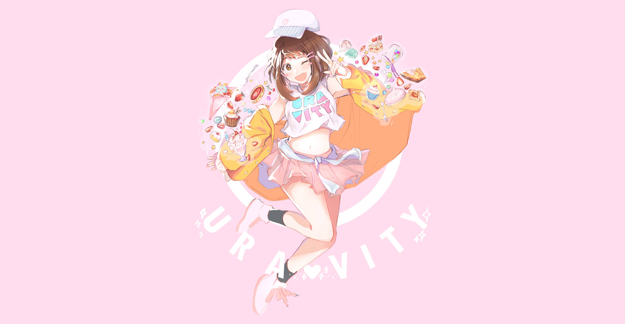 Ochaco Uraraka Uravity 糖果甜點 壁紙 — 一個戴著白色帽子、穿著粉紅色裙子的開朗動漫女孩，在柔和的粉紅色背景前，高興地跳躍著，手裡拿著一個裝滿色彩繽紛甜點的袋子。