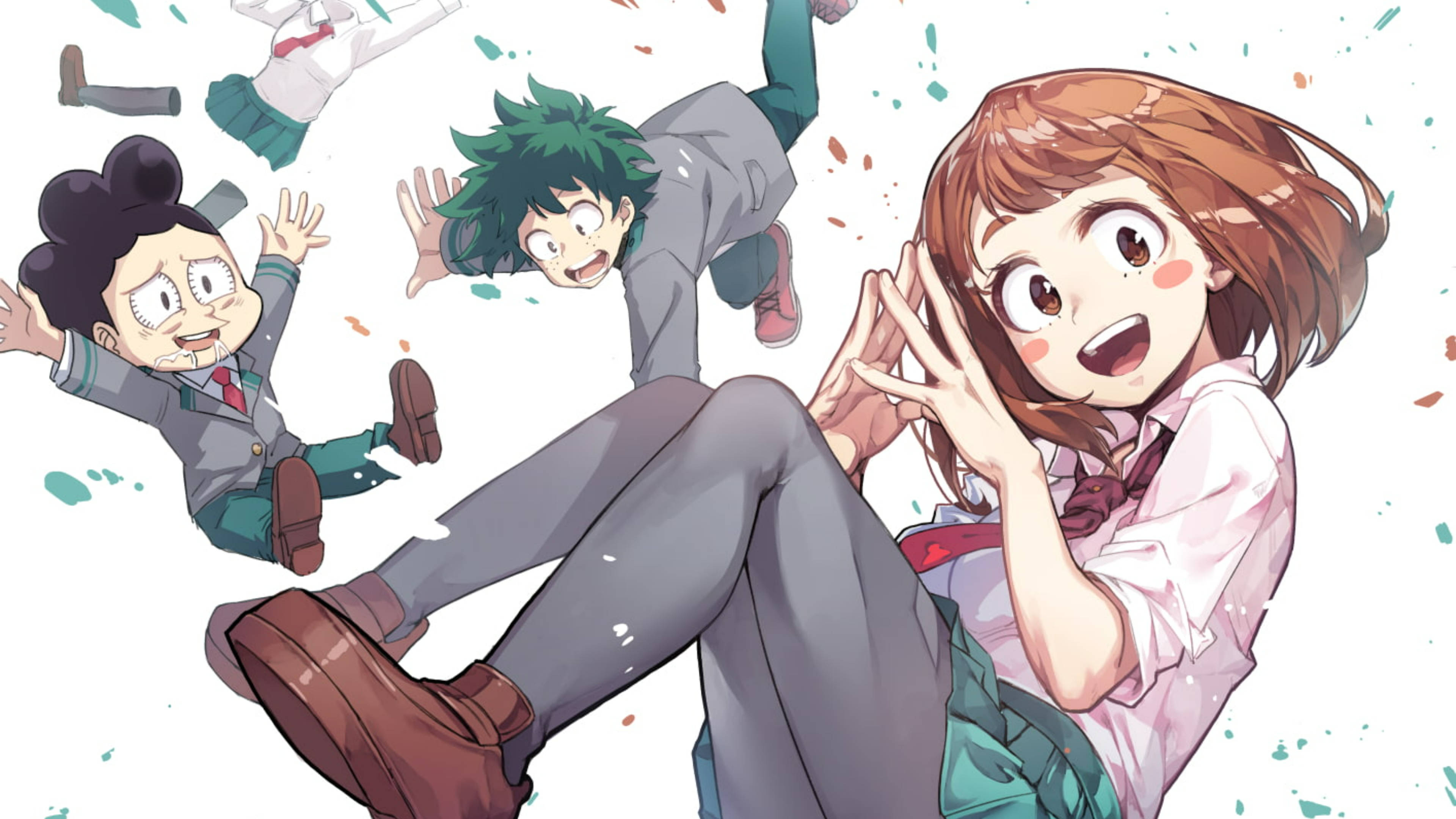 Ochaco Uraraka U.A. 1-A班 壁紙 — 三個穿著校服的動漫角色在五彩紙屑爆發中帶著喜悅的表情在空中翻滾。