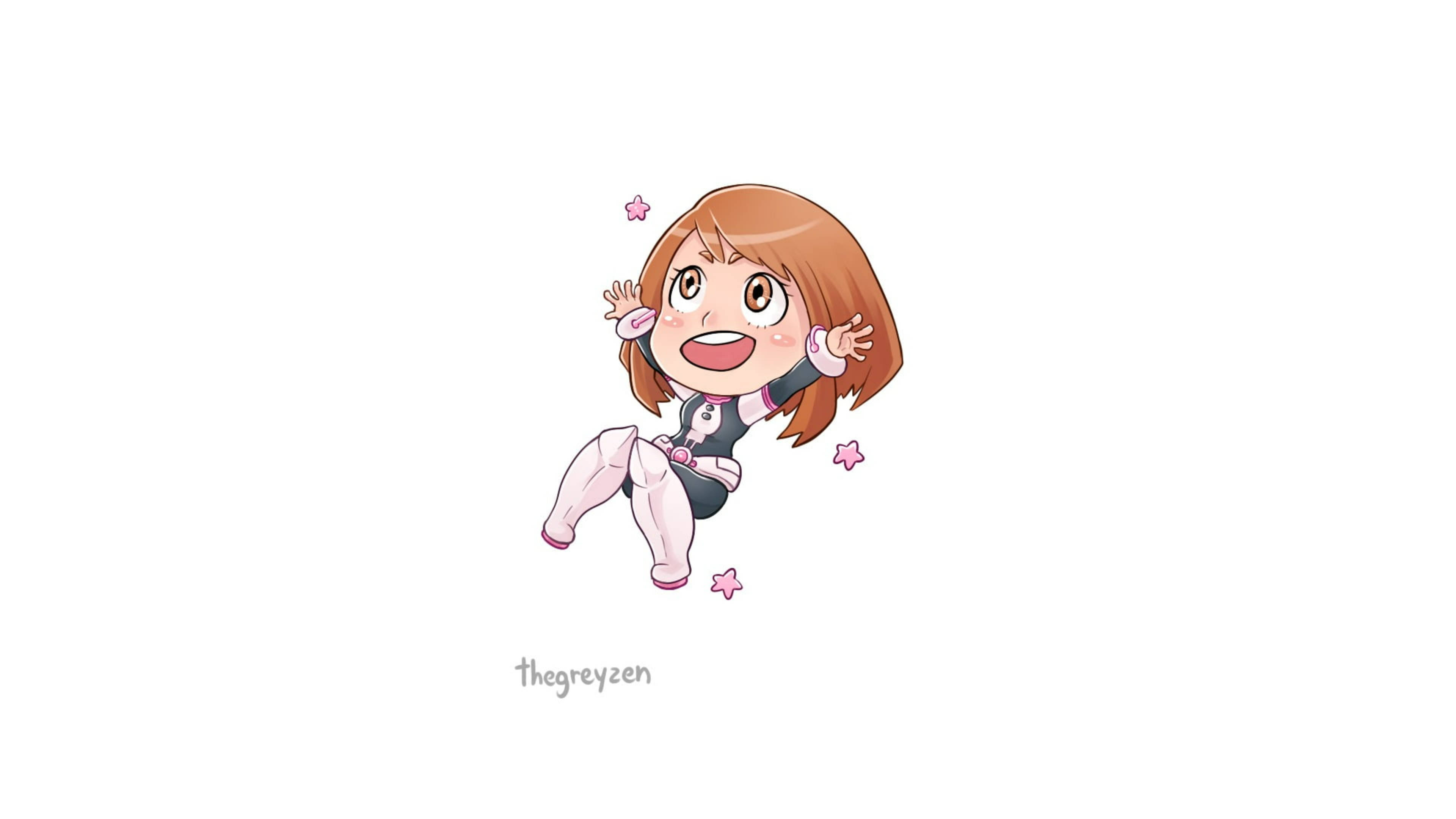 Ochaco Uraraka — UA高中重力女王 壁紙 — 一個開心的棕色頭髮帶粉紅色點綴的Q版動漫女孩，在閃爍星星環繞下愉快地漂浮。