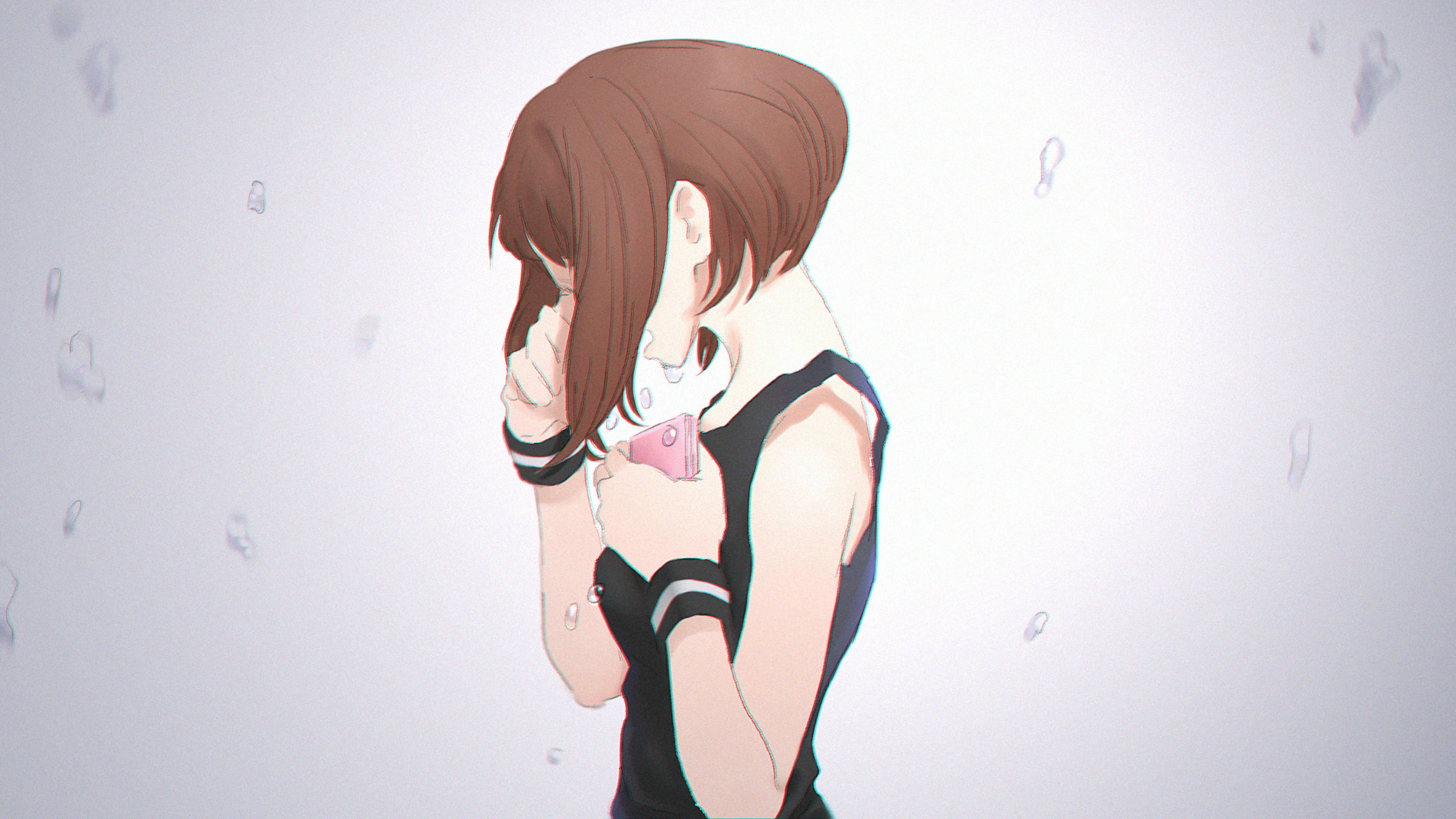 Ochaco Uraraka 傷感側影 壁紙 — 棕色頭髮的動漫女孩穿著黑色服裝，拿著粉紅色手機，柔和光線中水滴在她周圍漂浮。