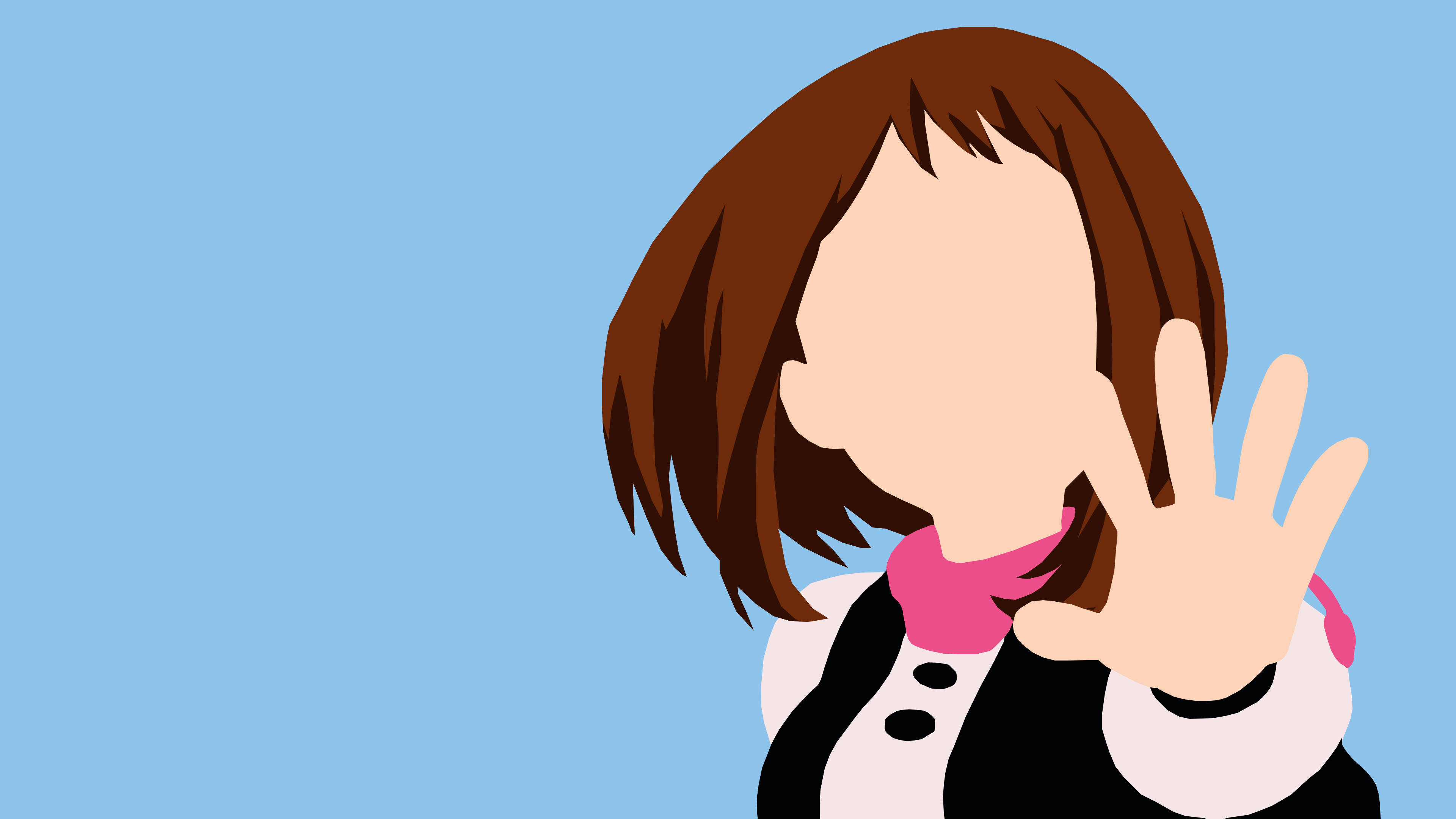 Ochaco Uraraka《我的英雄學院》 壁紙 — 一個風格化的卡通女孩，棕色頭髮和粉紅色圍巾，在純藍色背景上舉起手做出停止手勢。