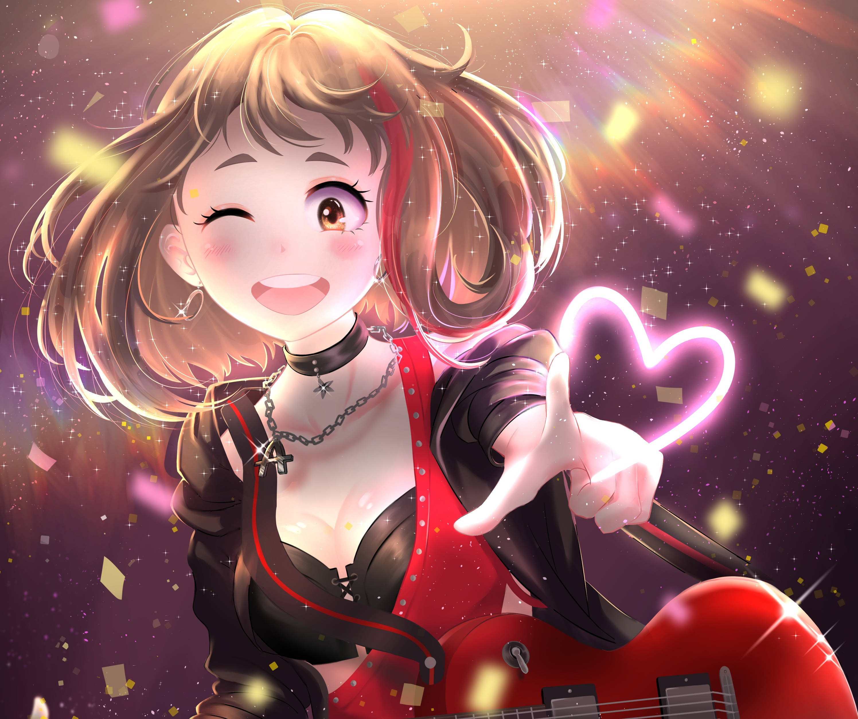Ochaco Uraraka 扮演 Ran Mitake 壁紙 — 一位開朗的金髮動漫女孩在閃閃發光的五彩紙屑背景下眨眼，同時拿著發光的粉紅色心形和一把紅色電結他。