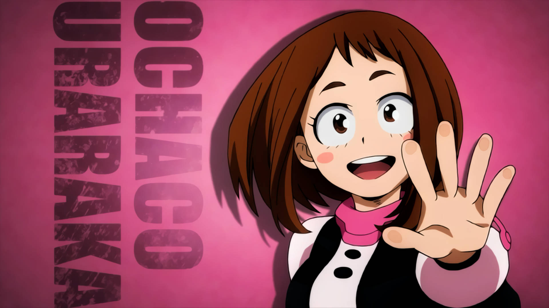 Ochaco Uraraka 指套壁紙 壁紙 — 棕色頭髮、戴著粉紅色圍巾的動漫女孩，在充滿活力的粉紅色背景上，她的名字垂直顯示，愉快地揮手。