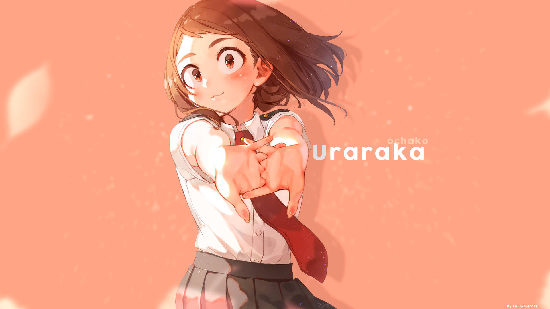 Ochaco Uraraka 桃色桌面壁紙 壁紙 — 動漫女學生穿著校服，在柔和蜜桃色背景上，頑皮地指向觀眾，周圍有飄浮花瓣。