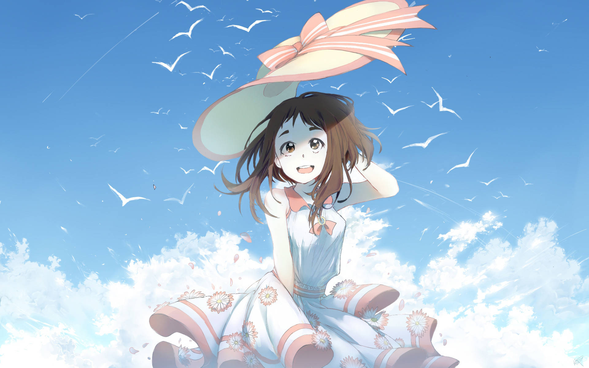 Ochaco Uraraka 淡藍連衣裙壁紙 壁紙 — 一個開心的動漫女孩，穿著花卉圖案的連衣裙和大帽子，在明亮的藍天下漂浮在雲層中，鳥兒在她周圍飛翔。
