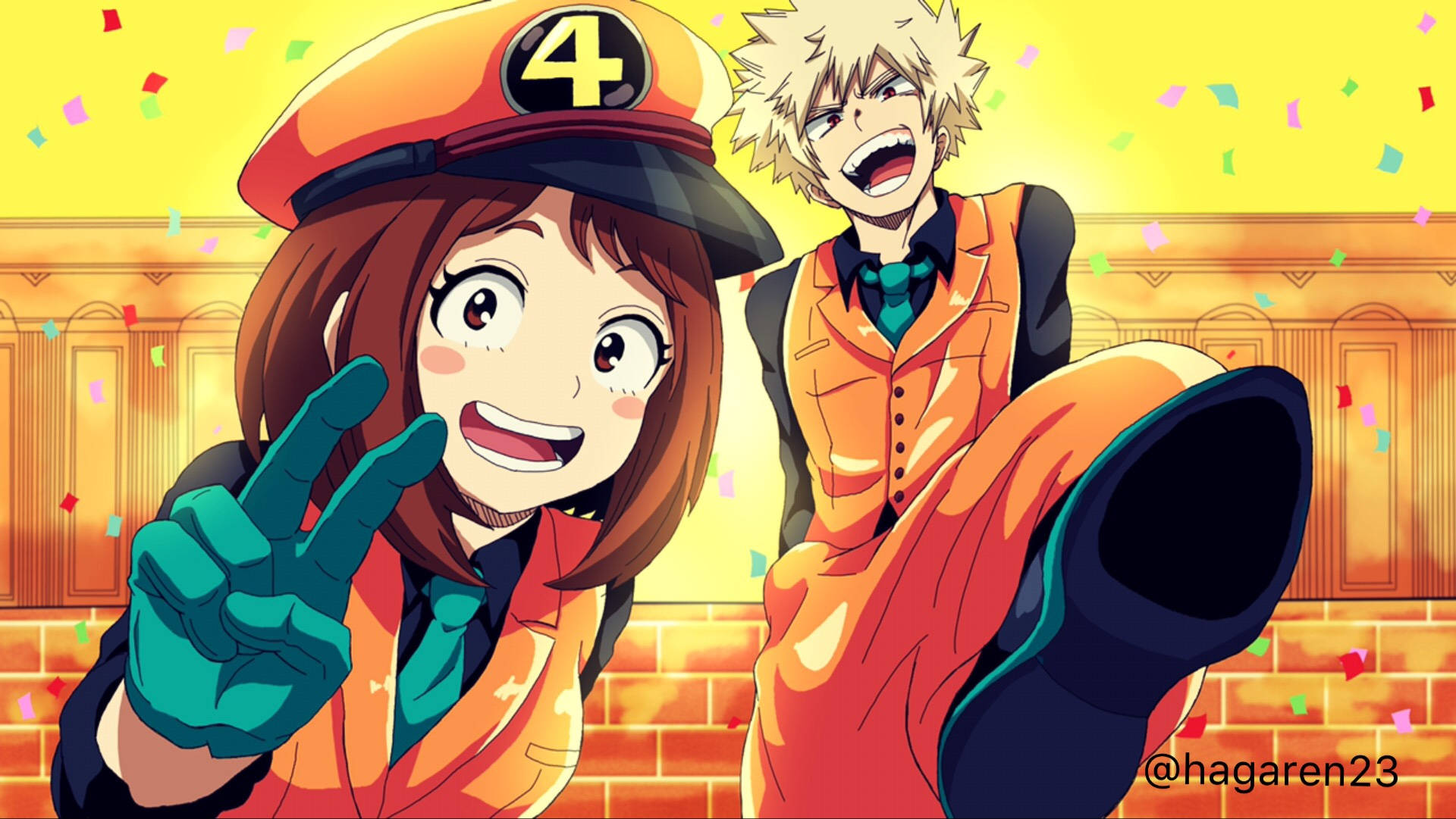 Ochaco Uraraka 與 Katsuki Bakugo 壁紙 — 兩個動漫角色在溫暖的黃色背景下，周圍飄落著五彩紙屑，歡樂地慶祝。