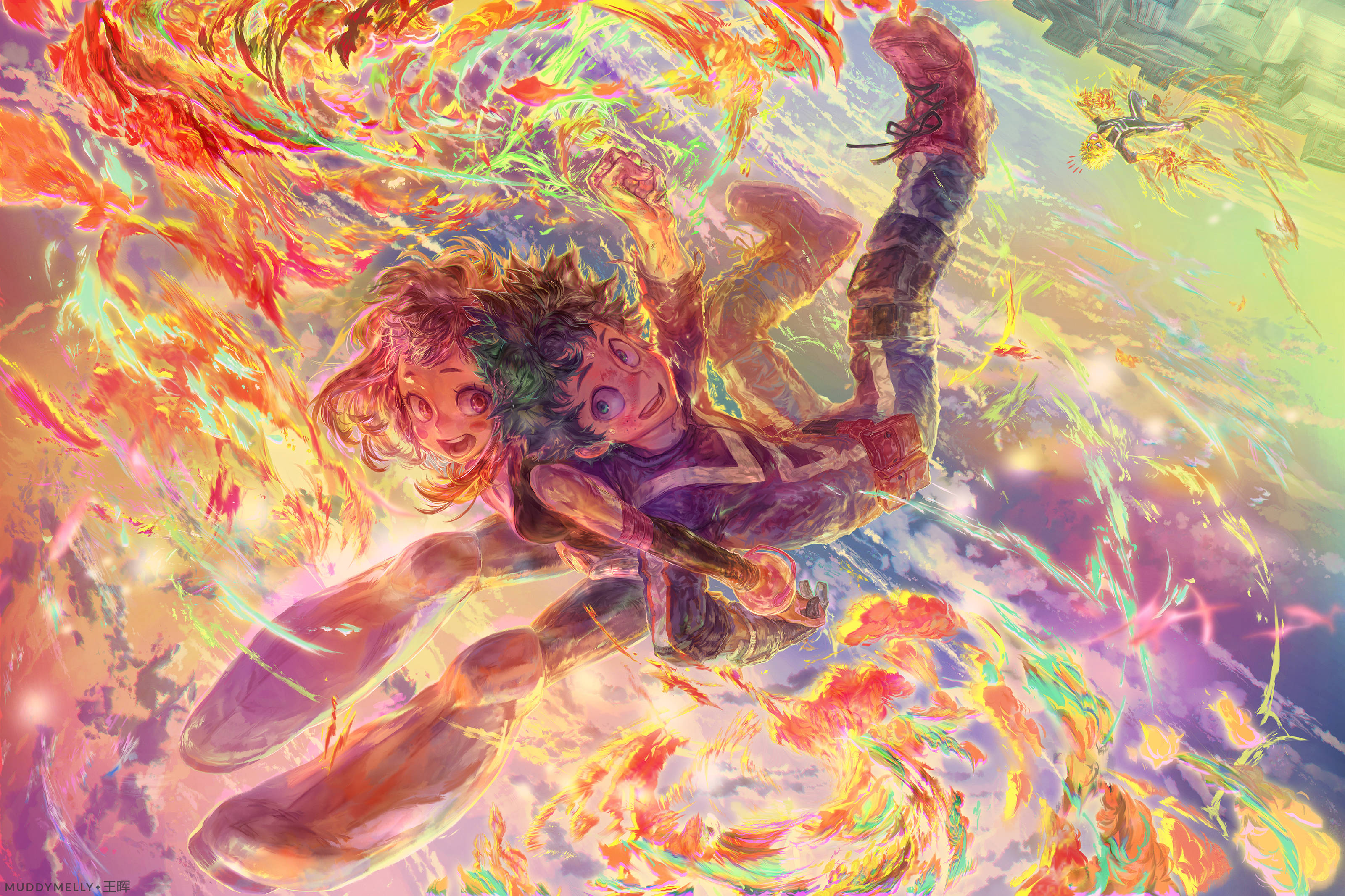Ochaco Uraraka 與 Izuku Midoriya 壁紙 — 兩個動漫角色在充滿火橙色和電光綠能量軌跡的鮮豔宇宙風暴中翱翔。