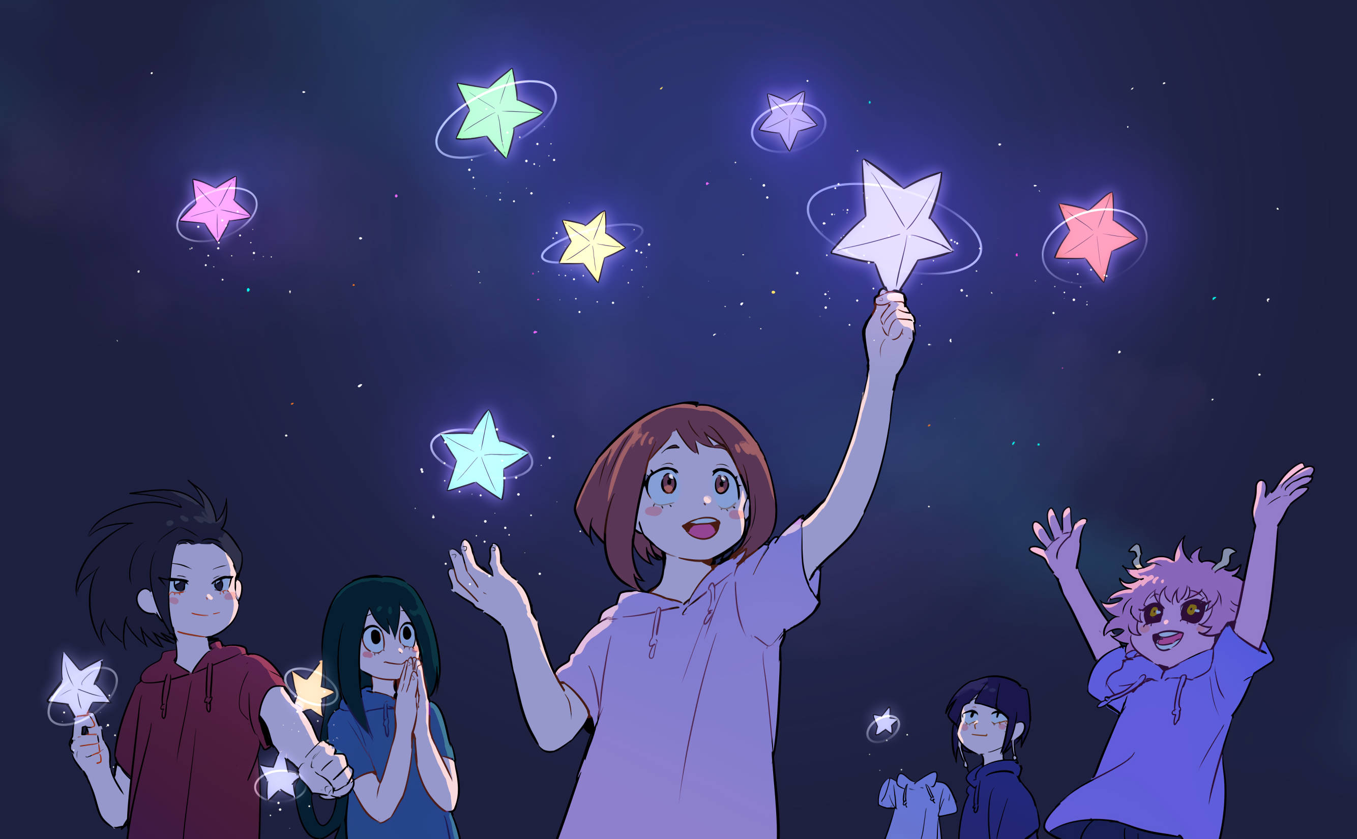 Ochaco Uraraka 與朋友共賞星光 壁紙 — 五個動畫小孩在充滿彩色漂浮星星的黑暗宇宙天空中，快樂地舉著發光的星星。