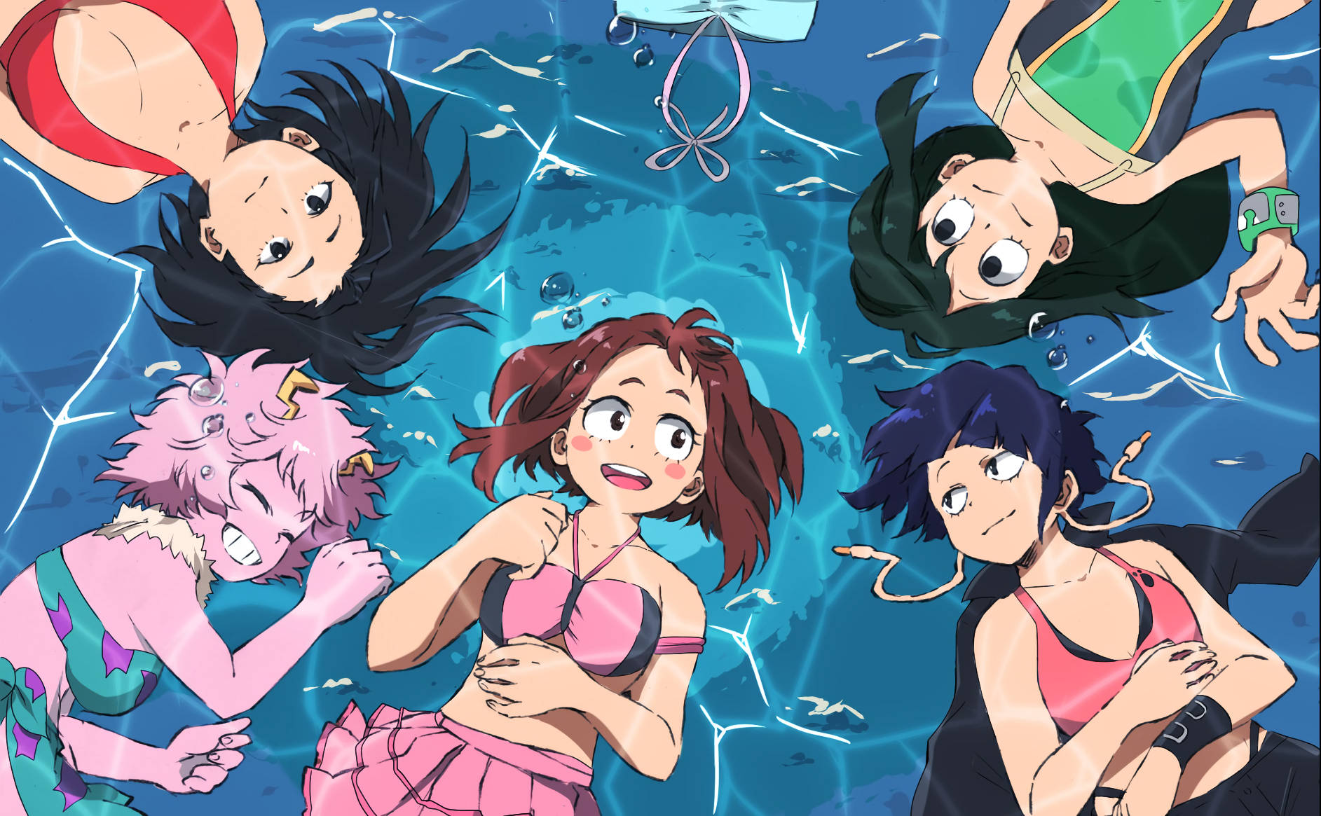 Ochaco Uraraka 與女孩們 壁紙 — 五個動畫女孩在泳池的水底漂浮，氣泡和光線穿過藍色水面。