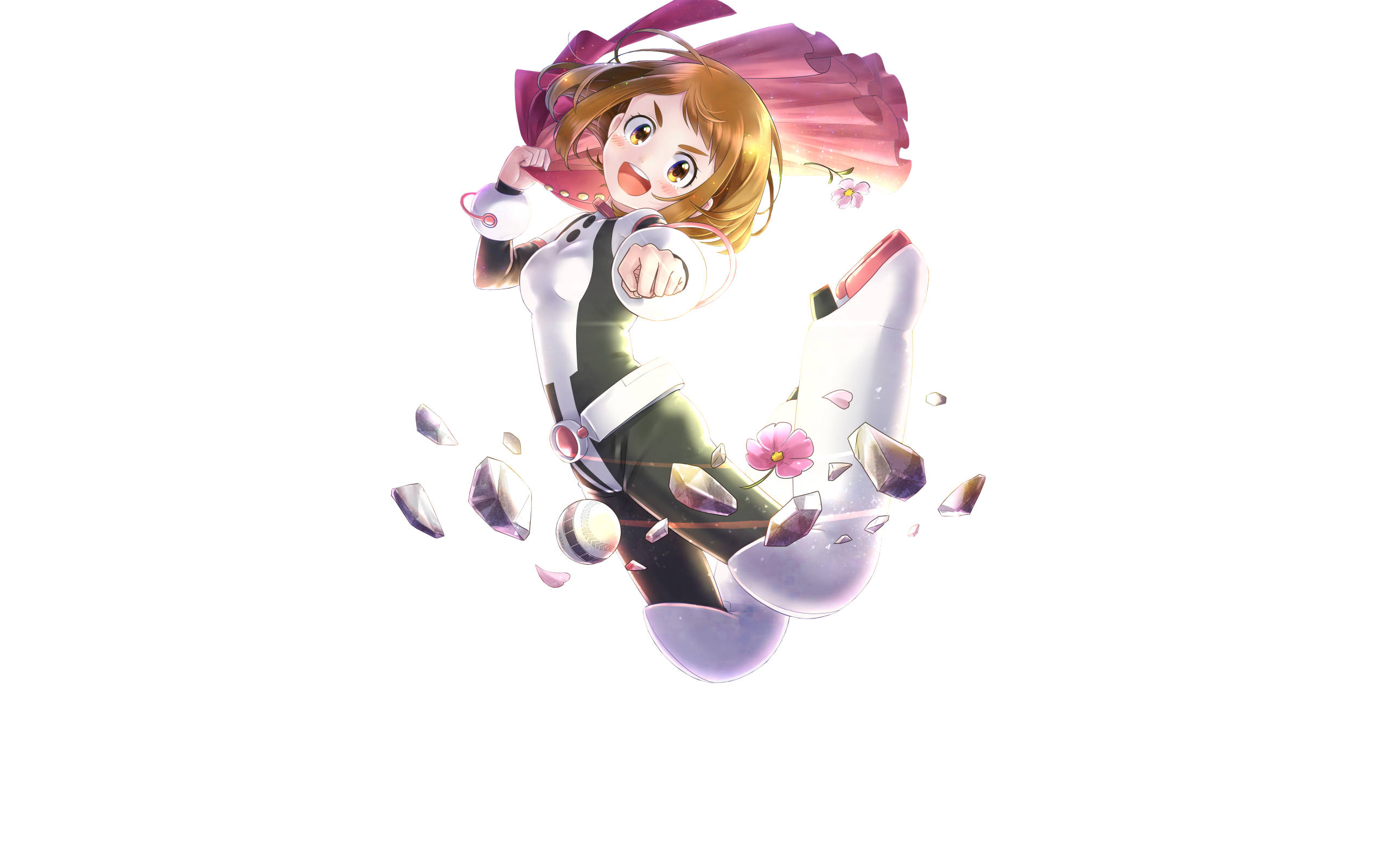 Ochaco Uraraka 零重力壁紙 壁紙 — 棕色頭髮、戴著粉紅色蝴蝶結的動漫女孩擊穿玻璃碎片，粉紅色的花朵在她周圍飄浮。