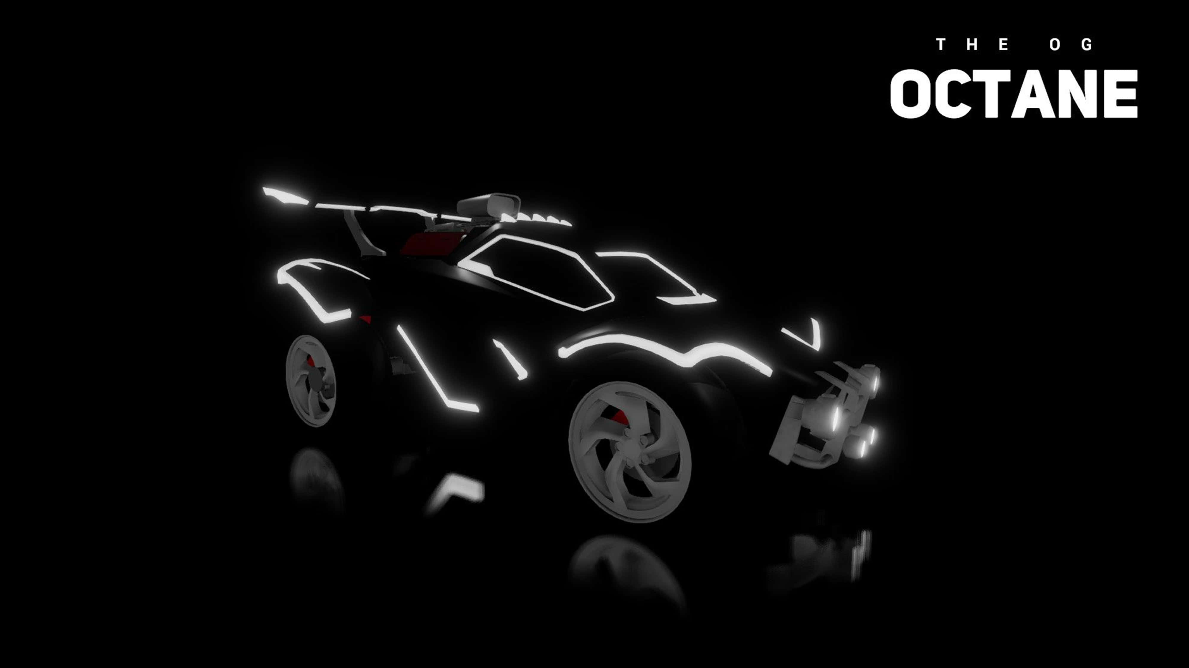 Octane 燈光火箭聯賽 4K 壁紙 — 一輛未來感的黑色賽車，帶有發光的白色霓虹線條，立於反射表面上，背景是漆黑虛空。