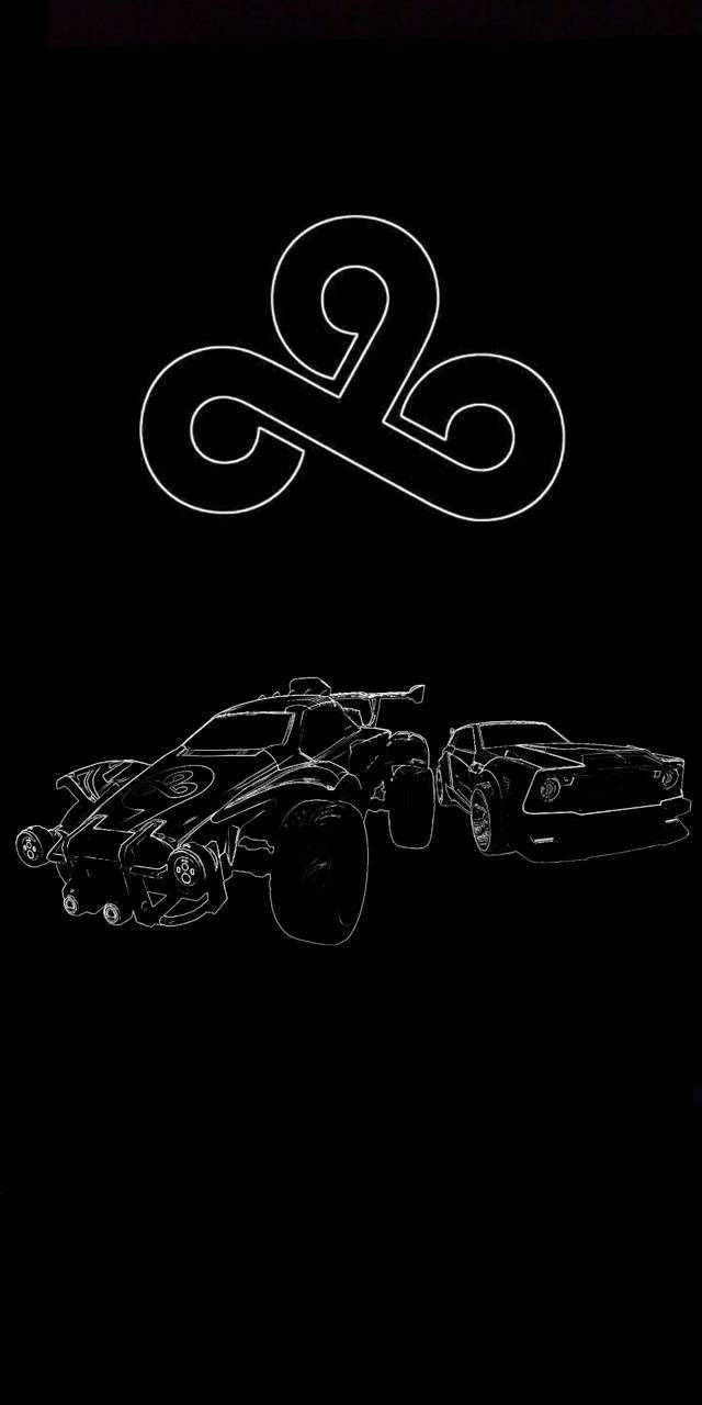 Octane 與 Paladin 車火箭聯賽 iPhone 壁紙 — 兩輛風格化的賽車以白色輪廓繪製在黑色背景上，上方有一個發光的三曲腿圖符號。