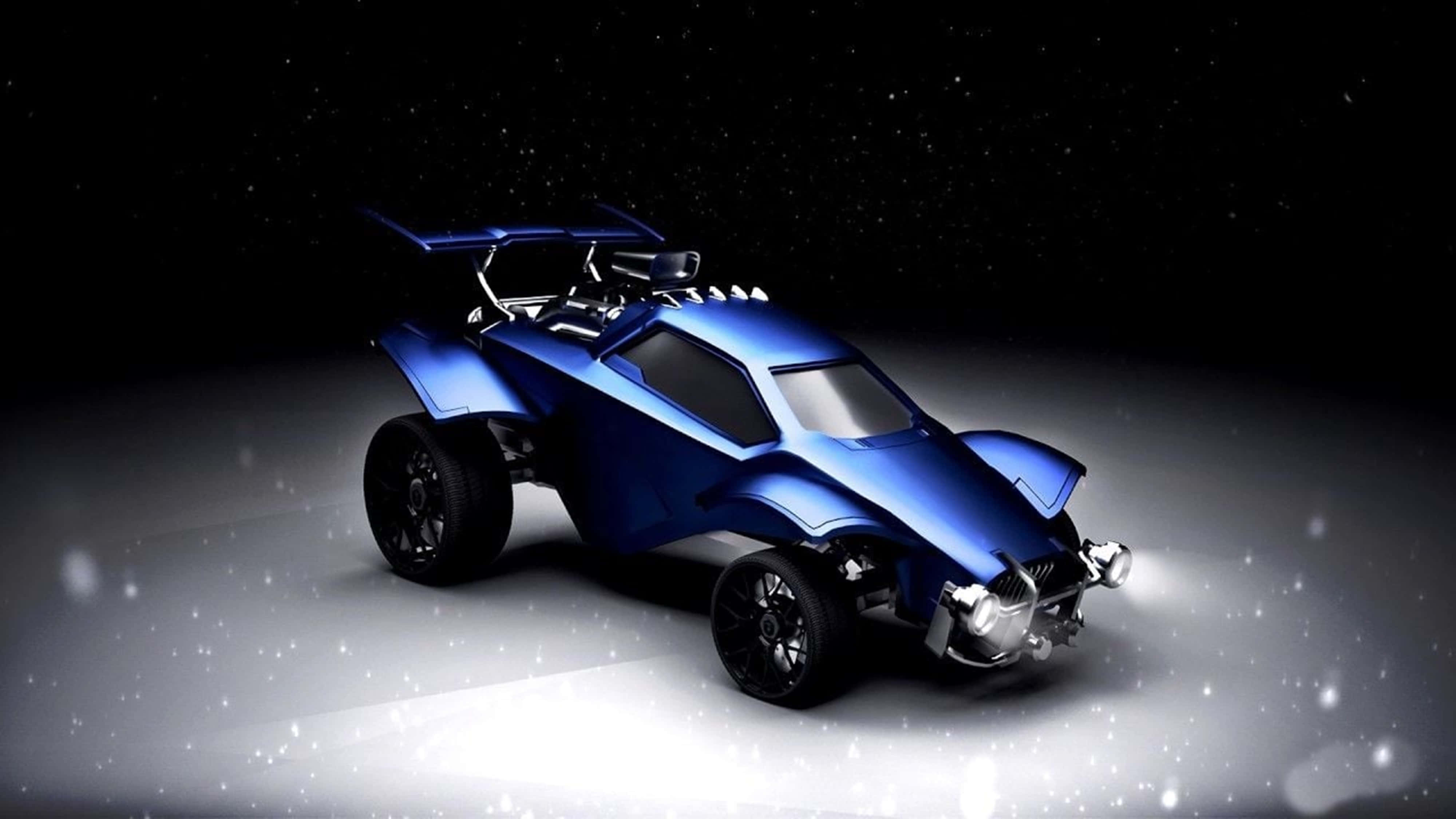 Octane 車款 Rocket League 4K 壁紙 — 一輛時尚的藍色未來越野車在聚光燈下，以星空夜空和飄雪為背景發光。
