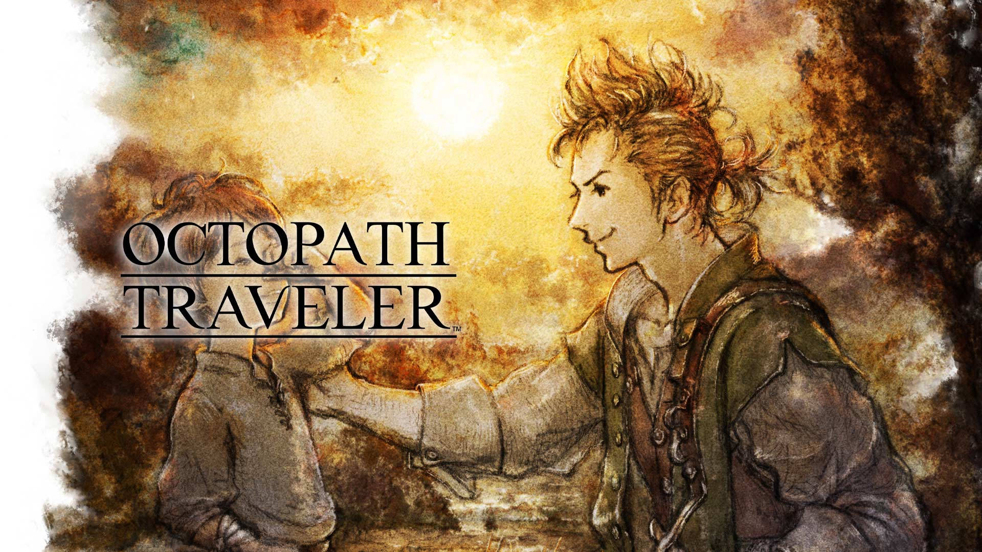 Octopath Traveler 醫師 Alfyn Greengrass 壁紙 — 一幅溫暖照亮的插圖顯示一位年輕旅行者向一個孩子伸出手，背景是金色的天空。