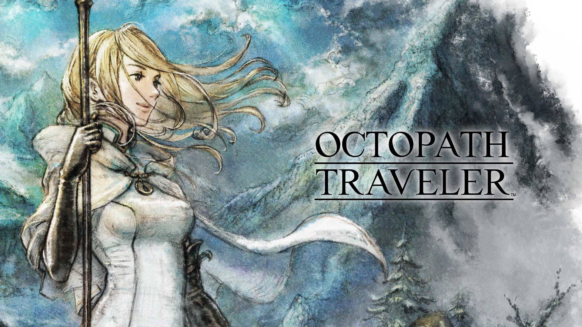 Octopath Traveler 神官 Ophilia Clement 壁紙 — 一位金髮女戰士身穿白色盔甲，在風暴山脈背景下手持法杖，背景有積雪的山峰和旋轉的雲層。