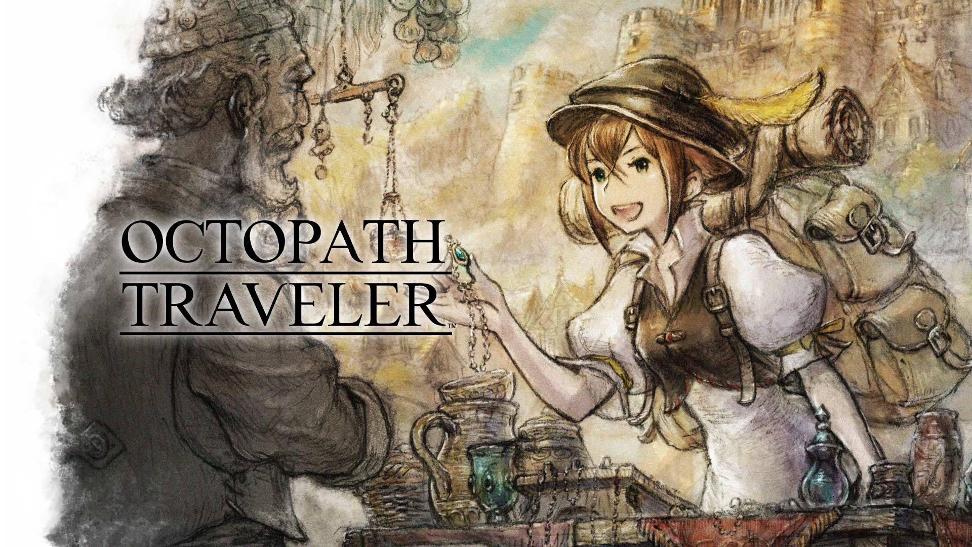 Octopath Traveler 商人 Tressa Colzione 壁紙 — 一個開心的動漫女孩揹著背包，在質樸的奇幻市集中從一位灰白鬍子的商人那裡購買藥水。