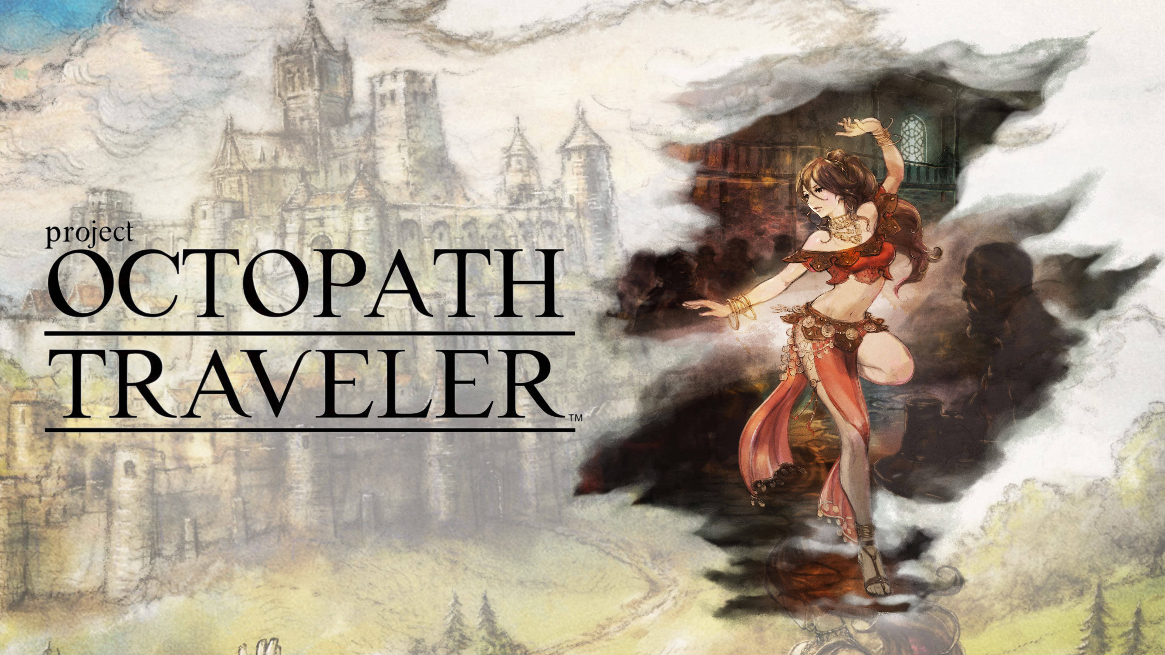 Octopath Traveler 貴族舞者 Primrose Azelhart 壁紙 — 一位優雅的動漫女孩穿著紅色服裝，在迷霧城堡背景前跳舞，作為奇幻遊戲宣傳藝術。