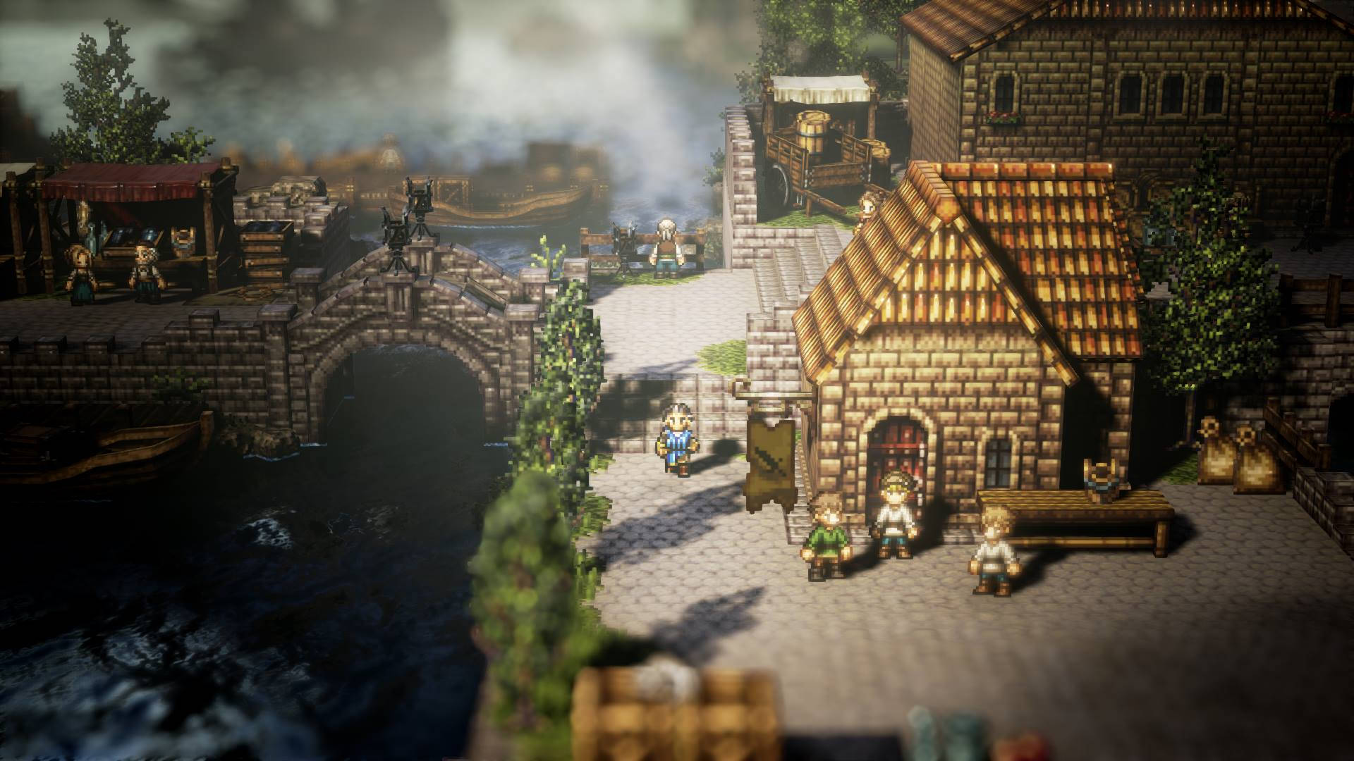 Octopath Traveler 獵人戰鬥遊戲 壁紙 — 像素藝術村莊場景，有石頭建築、河流橋樑和中世紀奇幻設定中的角色。