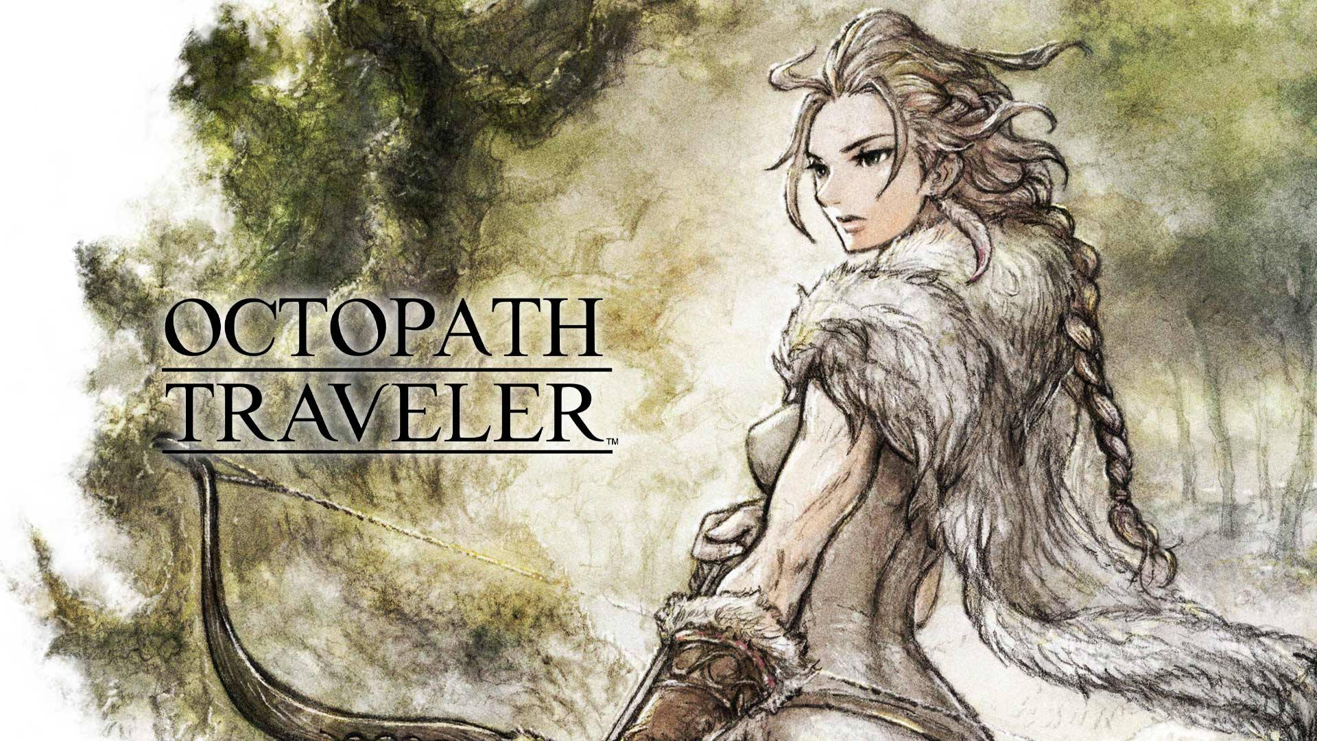 Octopath Traveler 獵人 H’aanit 壁紙 — 一幅水彩風格插圖，描繪一位身穿毛皮襯裡斗篷、意志堅定的女弓箭手，佇立於迷霧森林中。