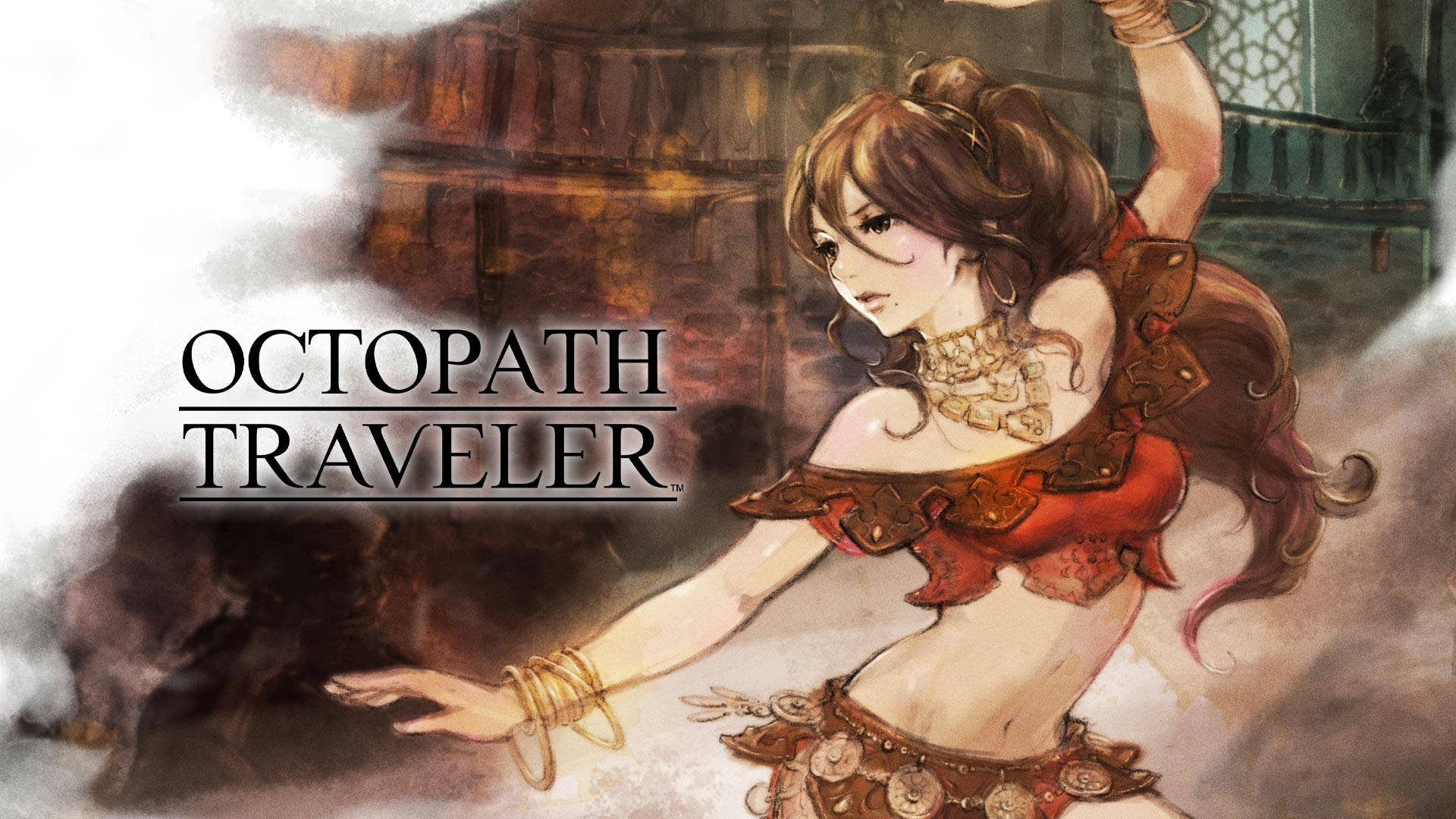 Octopath Traveler 黑魔法使 Azelhart 壁紙 — 一位優雅的動漫風格女性旅行者，身穿華麗的紅色和金色盔甲，在煙霧繚繞的氛圍背景下，向一個陰影生物伸出手。