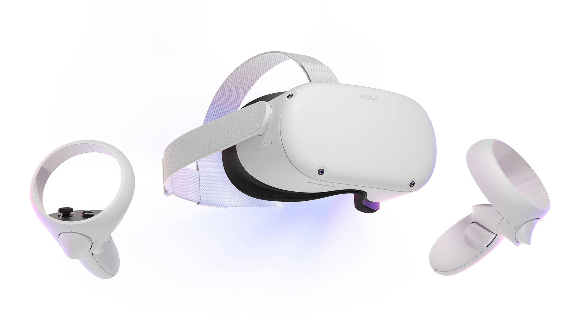 發光Oculus Quest 2虛擬現實頭戴裝置 壁紙 — 時尚白色Oculus VR頭戴式裝置，帶有發光藍色點綴和兩個匹配的控制器，背景為純白色。