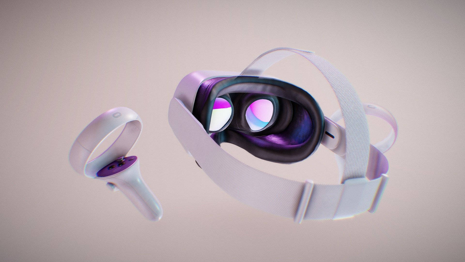 Oculus Quest 2 3D 藝術 壁紙 — 一個時尚的白色VR頭戴式顯示器，帶有發光的紫色鏡片，與其匹配的控制器一起漂浮在柔和的粉紅色背景上。