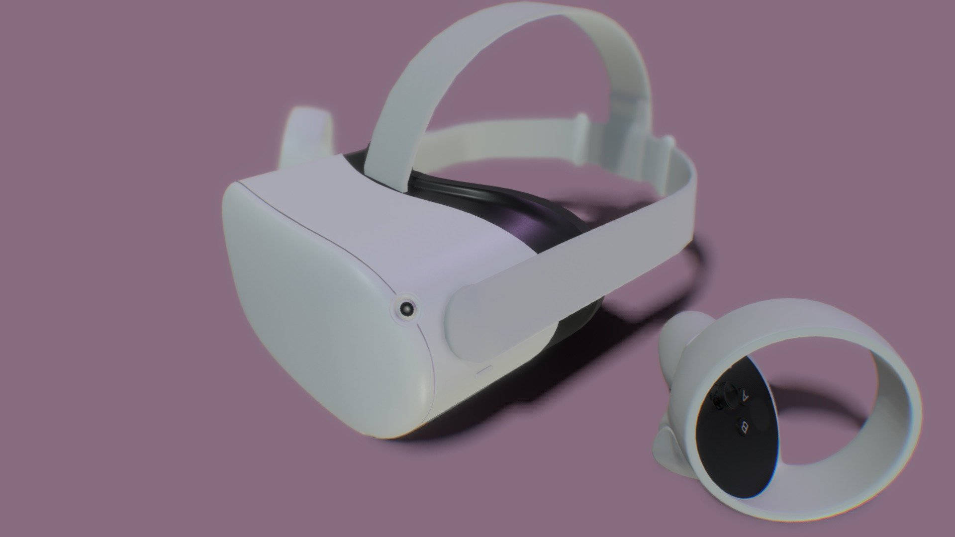 Oculus Quest 2 3D模型 壁紙 — 一個時尚的白色VR頭戴式裝置和控制器，放置在柔和的紫紅色背景上，帶有清晰的陰影。