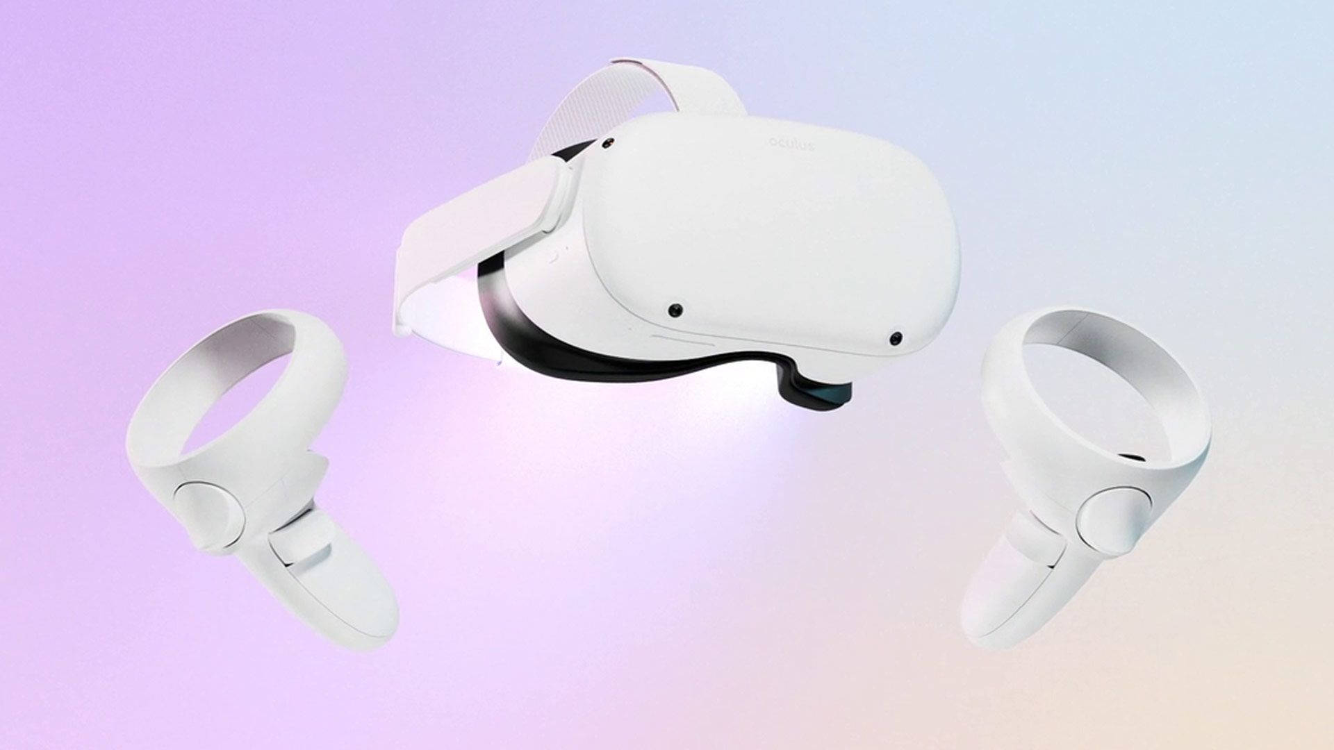 柔和漸層Oculus Quest 2 壁紙 — 一個時尚的白色VR頭戴式裝置和控制器漂浮在柔和的紫色和藍色漸變背景上。