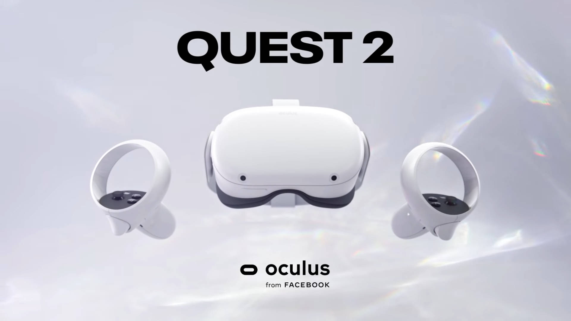 白色Oculus Quest 2海報 壁紙 — 白色Oculus Quest 2 VR頭戴式裝置和控制器漂浮在柔和發光的背景上，帶有彩虹光折射。