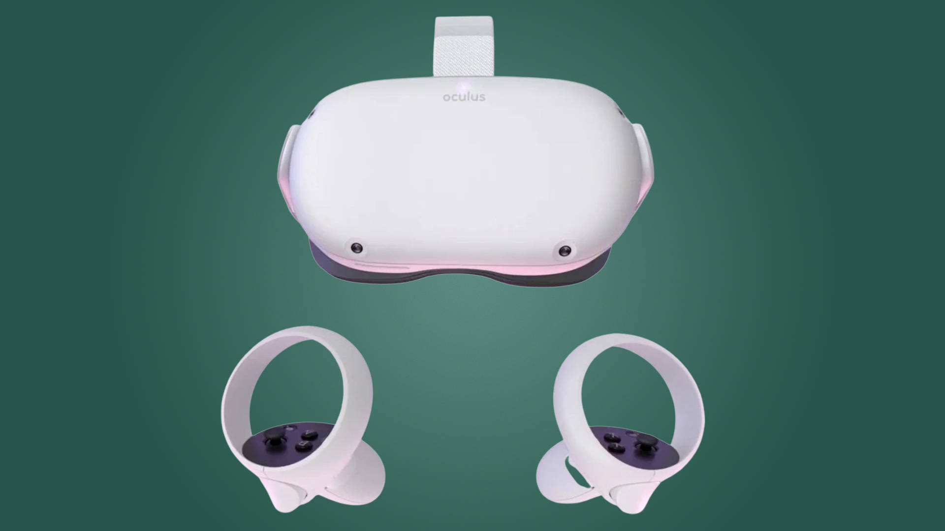 Oculus Quest 2 深綠色背景 壁紙 — 一個白色Oculus VR頭戴式裝置和兩個控制器漂浮在純綠色背景上。