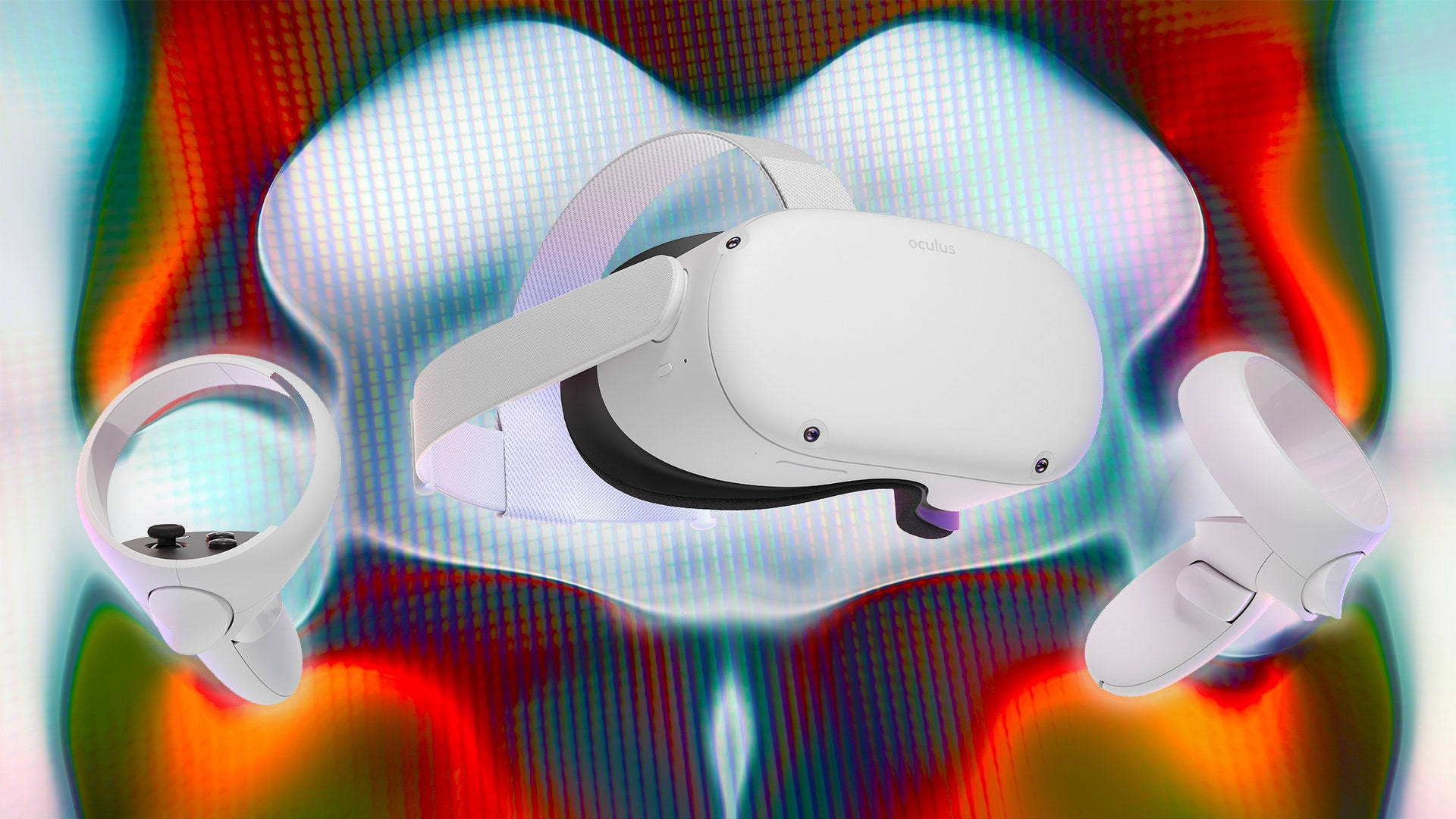 創新Oculus Quest 2虛擬現實頭戴裝置 壁紙 — 一個白色Oculus VR頭戴式裝置和控制器漂浮在充滿流動霓虹色彩的鮮豔抽象數碼背景上。